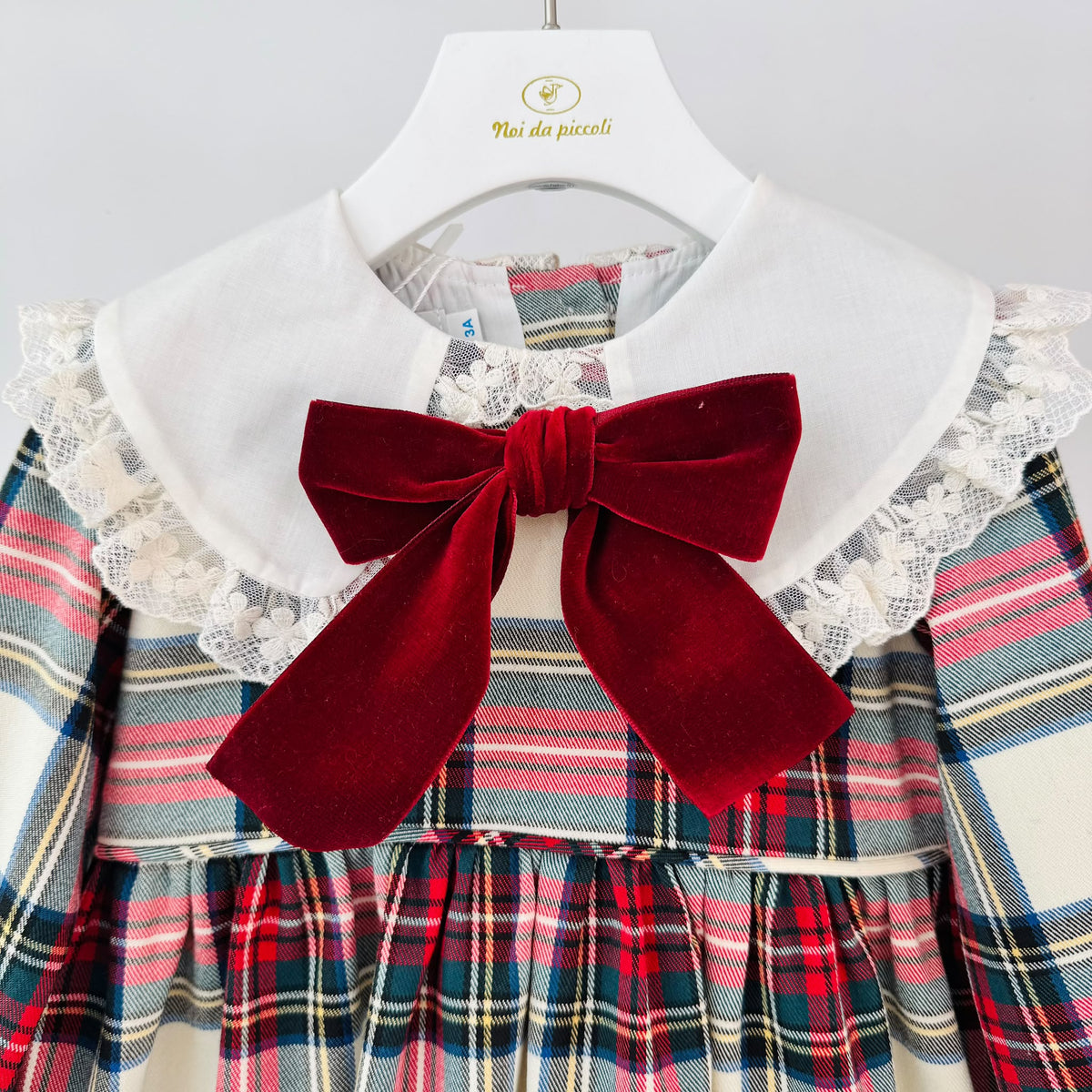 vestito Tartan Natalizio con Maxi Fiocco in Velluto BORDEAUX