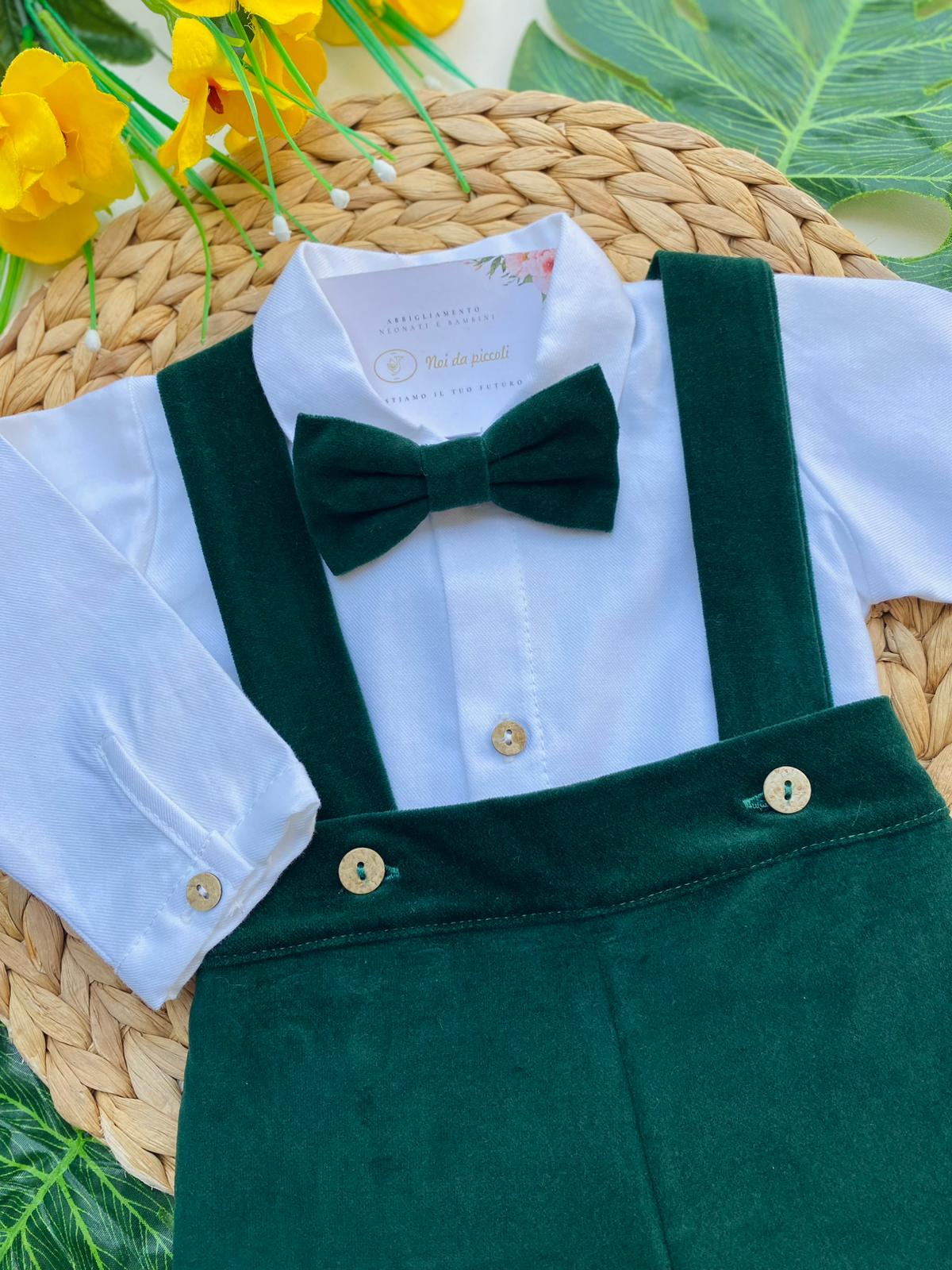 SALOPETTE IN VELLUTO CON CAMICINA E PAPILLON 100% CALDO COTONE VERDE BOTTIGLIA