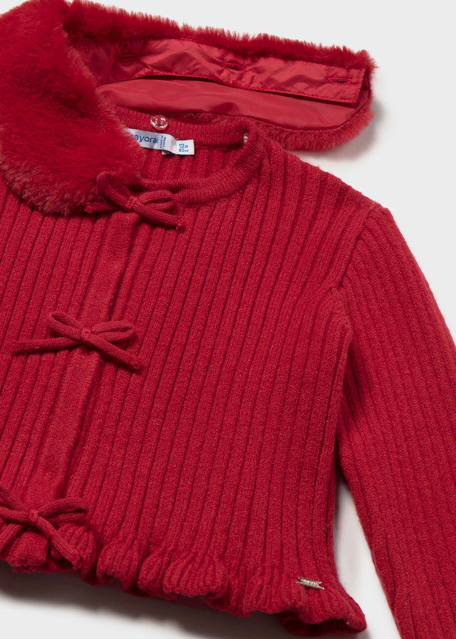 CARDIGAN IN FILATO CALDO ROSSO CON COLLETTO IN ECOPELLICCIA