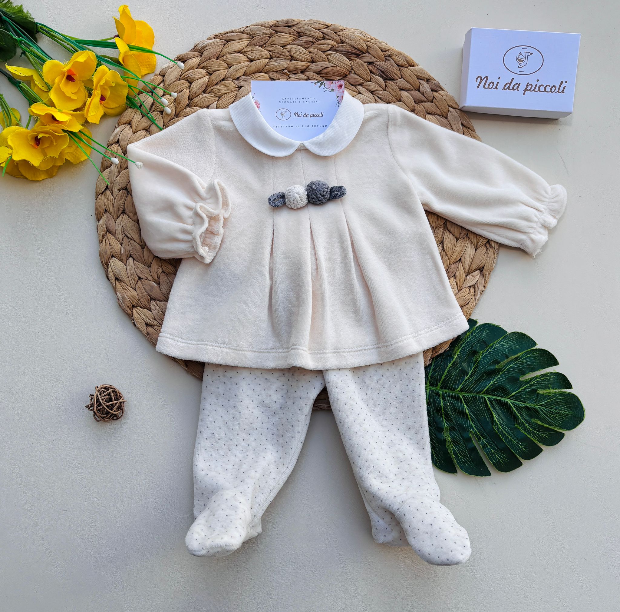COMPLETO 2 PZ IN CINIGLIA A POIS CREMA