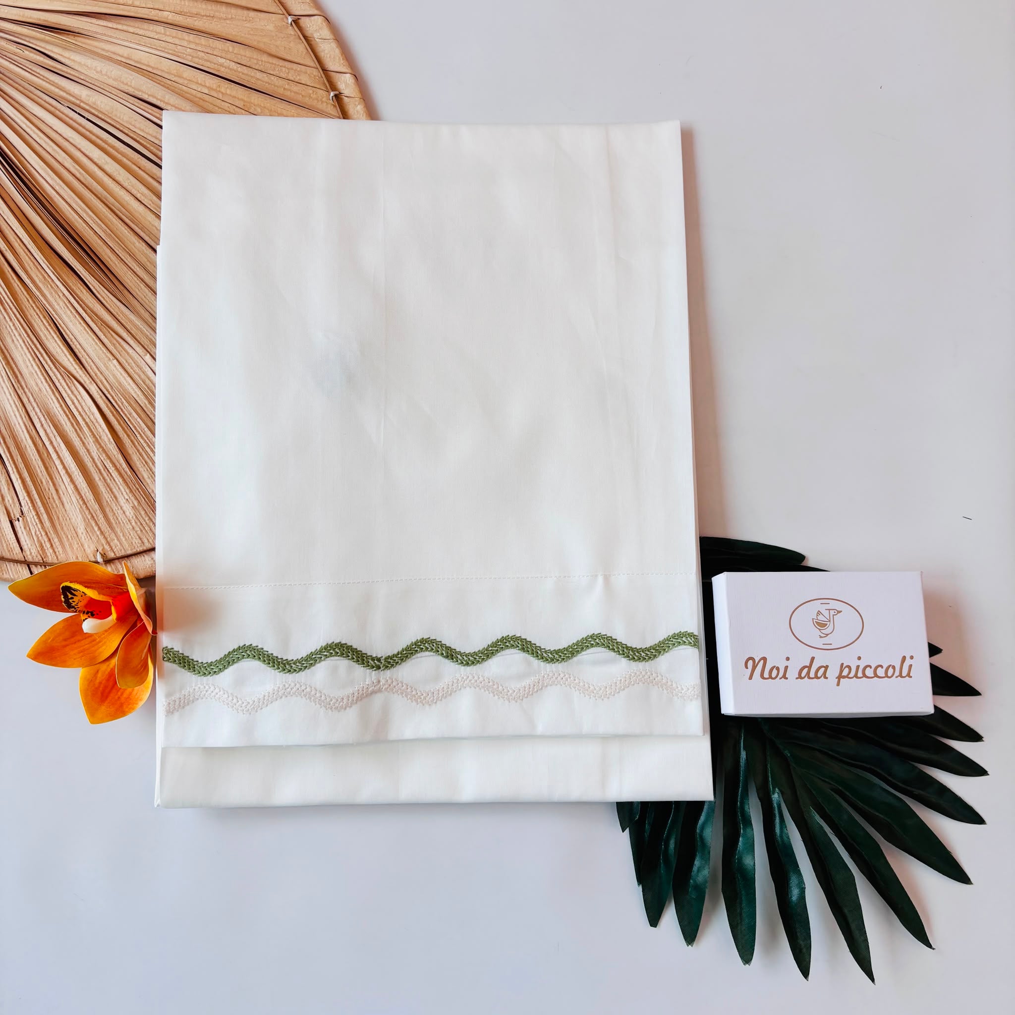 SET LENZUOLA 100 % COTONE PANNA CON DETTAGLI BIEGE E VERDE