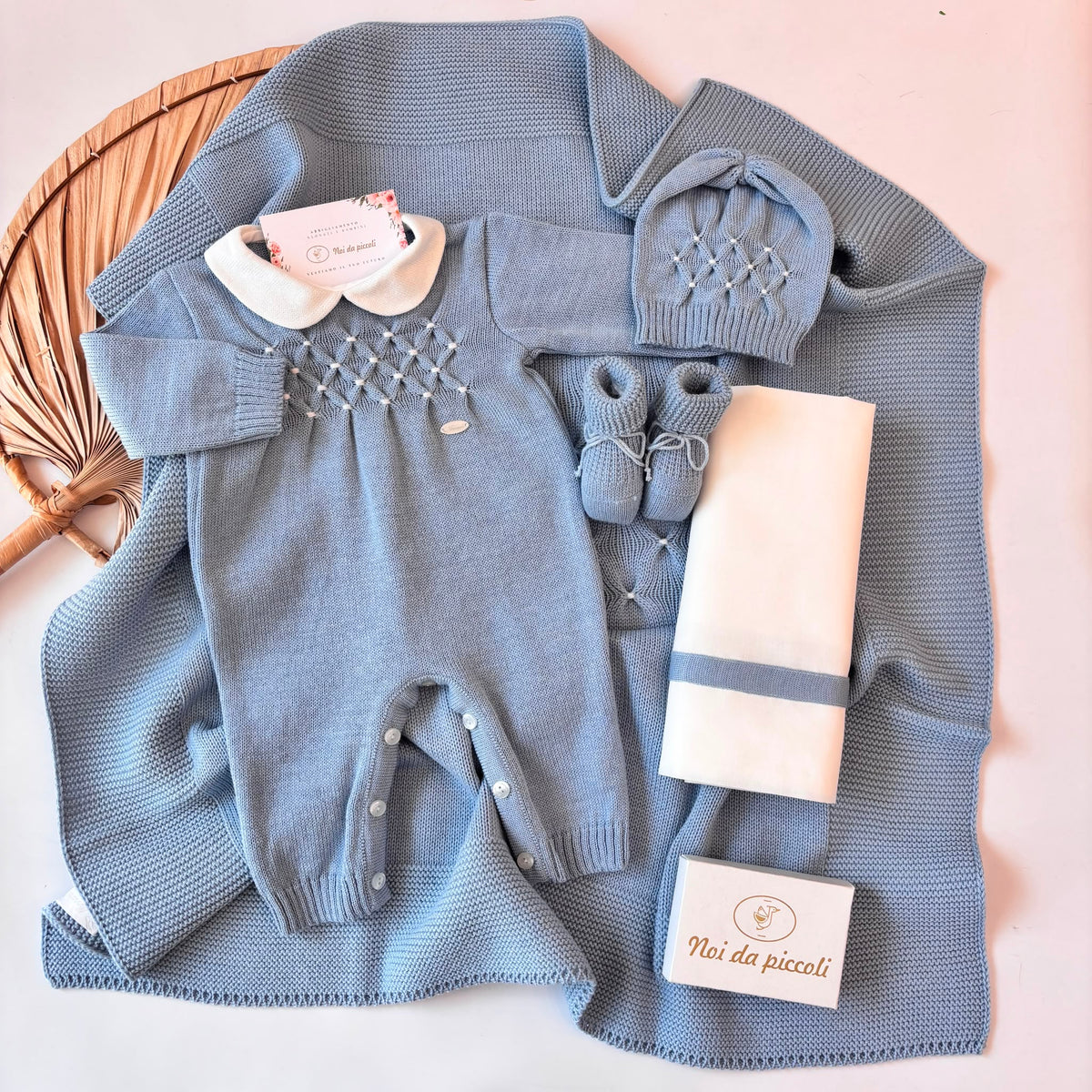 COORDINATO NASCITA lana con punto smock CIELO