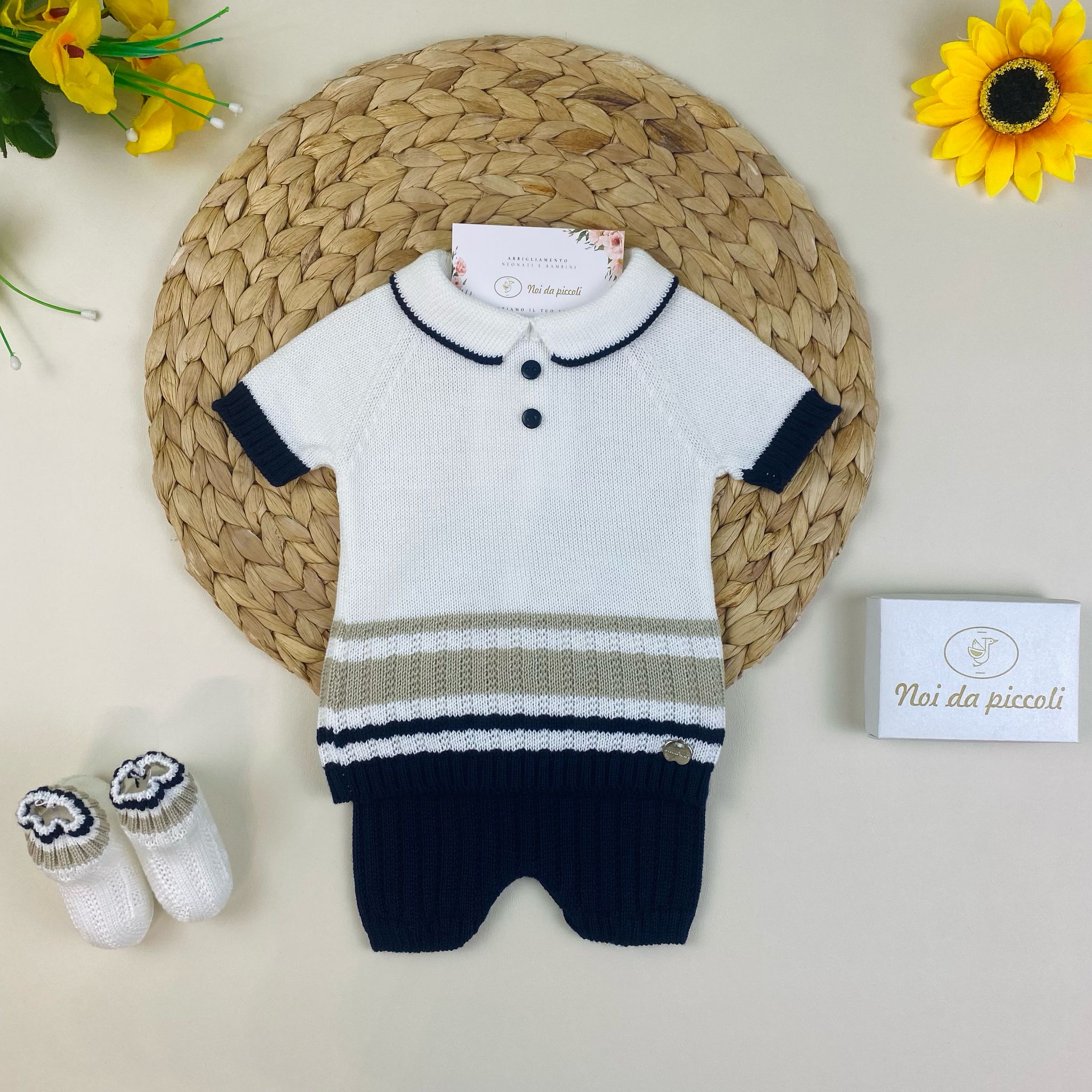 2-piece set fresh yarn beige white and blue