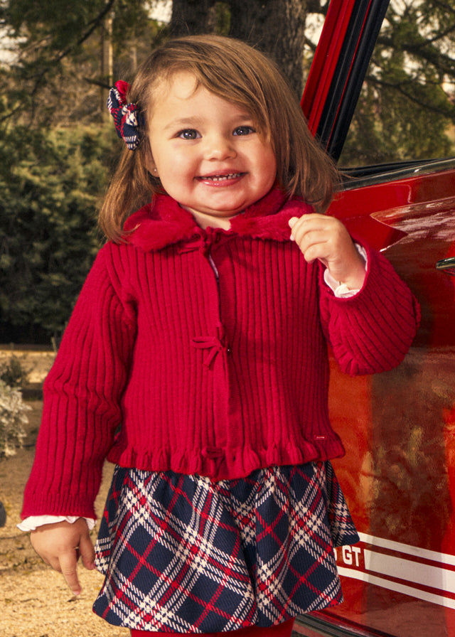CARDIGAN IN FILATO CALDO ROSSO CON COLLETTO IN ECOPELLICCIA