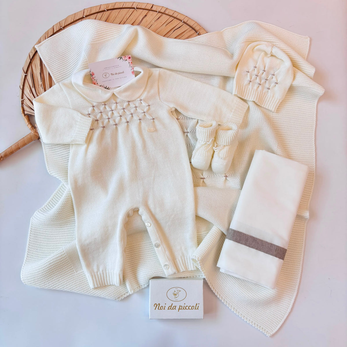 COORDINATO NASCITA lana con punto smock PANNA