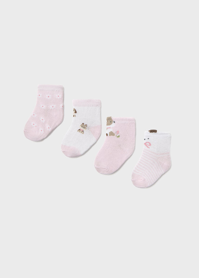 SET OF 4 PAIRS OF COTTON SOCKS WITH LITTLE FLOWERS AND PUPPIES - PINK