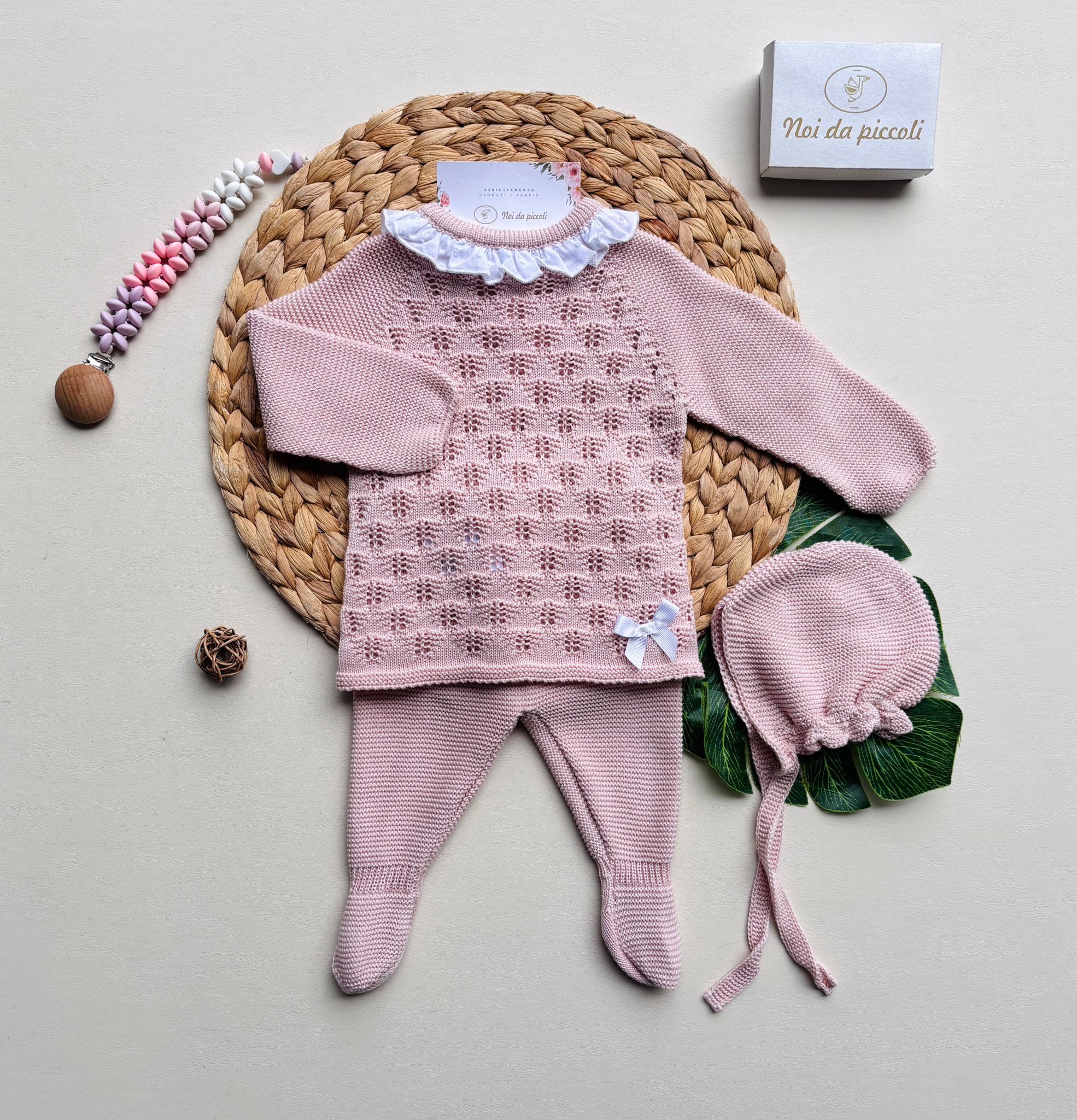 COMPLETO 3 PZ IN COTONE E ACRILICO CON COLLETTO BIANCO ROSA