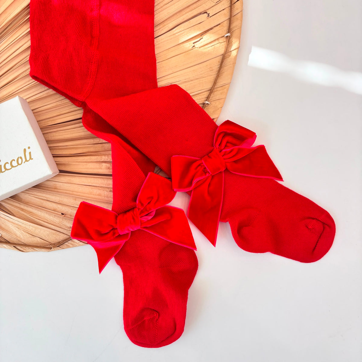 Red Plain Brushed Cotton Tights with Velvet Bow Pappa E Latte