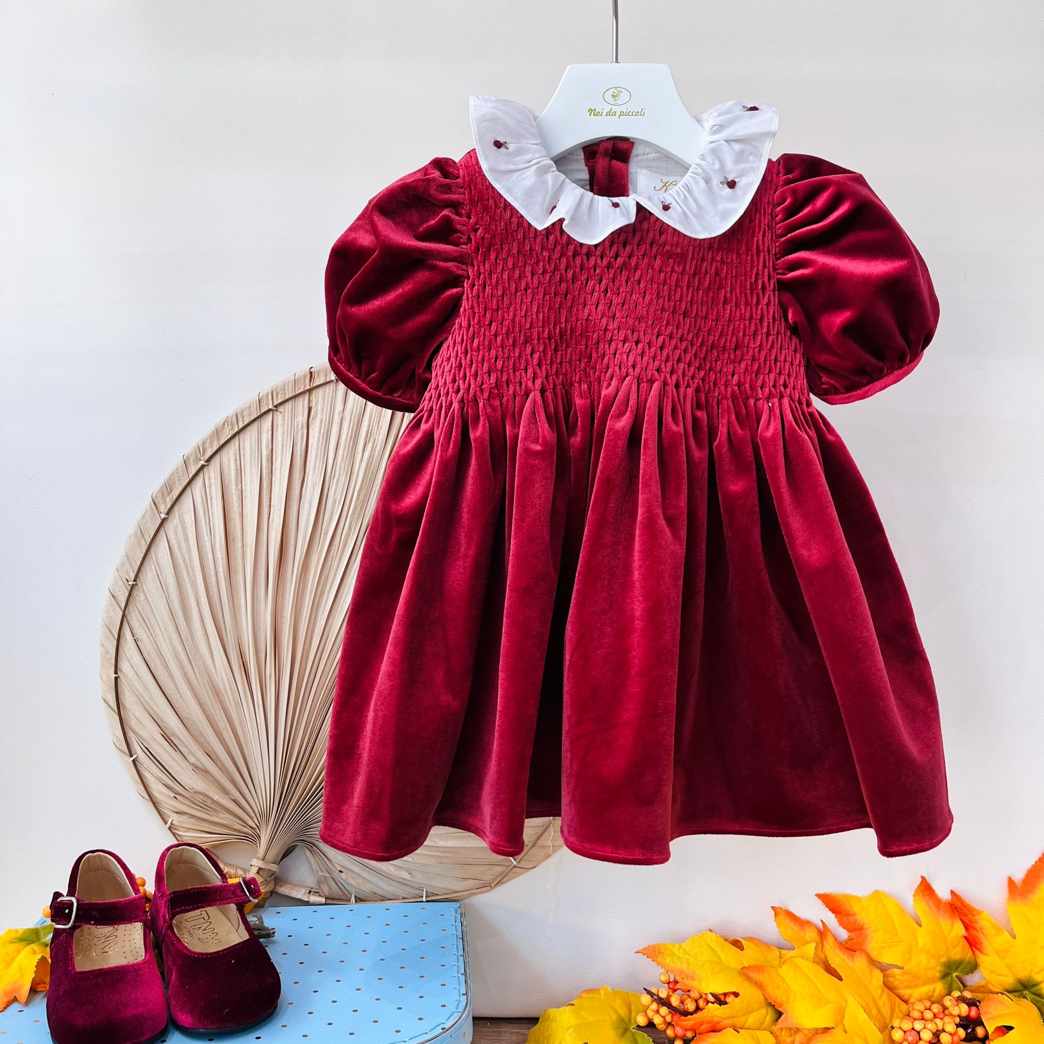 ABITINO A MANICA CORTA IN VELLUTO BORDEAUX - Noi da piccoli