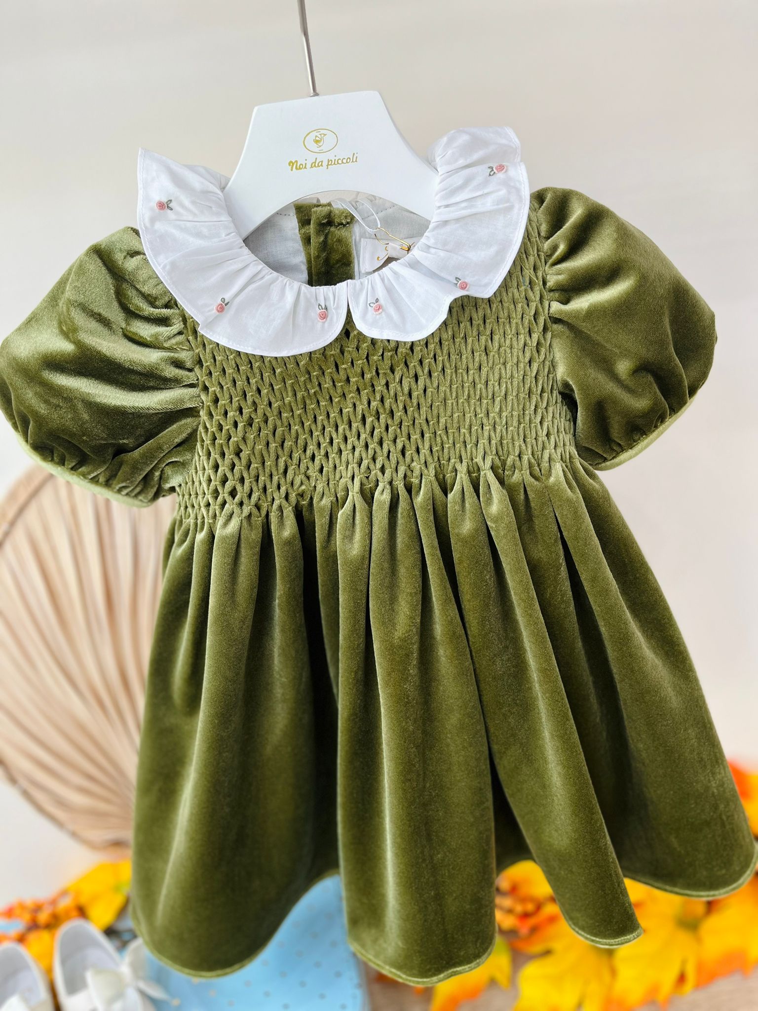 ABITINO A MANICA CORTA IN VELLUTO oliva - Noi da piccoli