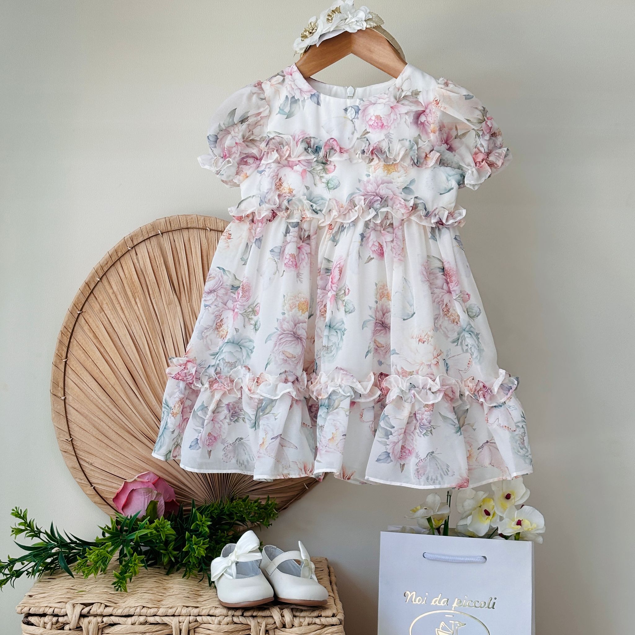 ABITINO BIANCO A FANTASIA FLOREALE ROSA E VERDE - Noi da piccoli