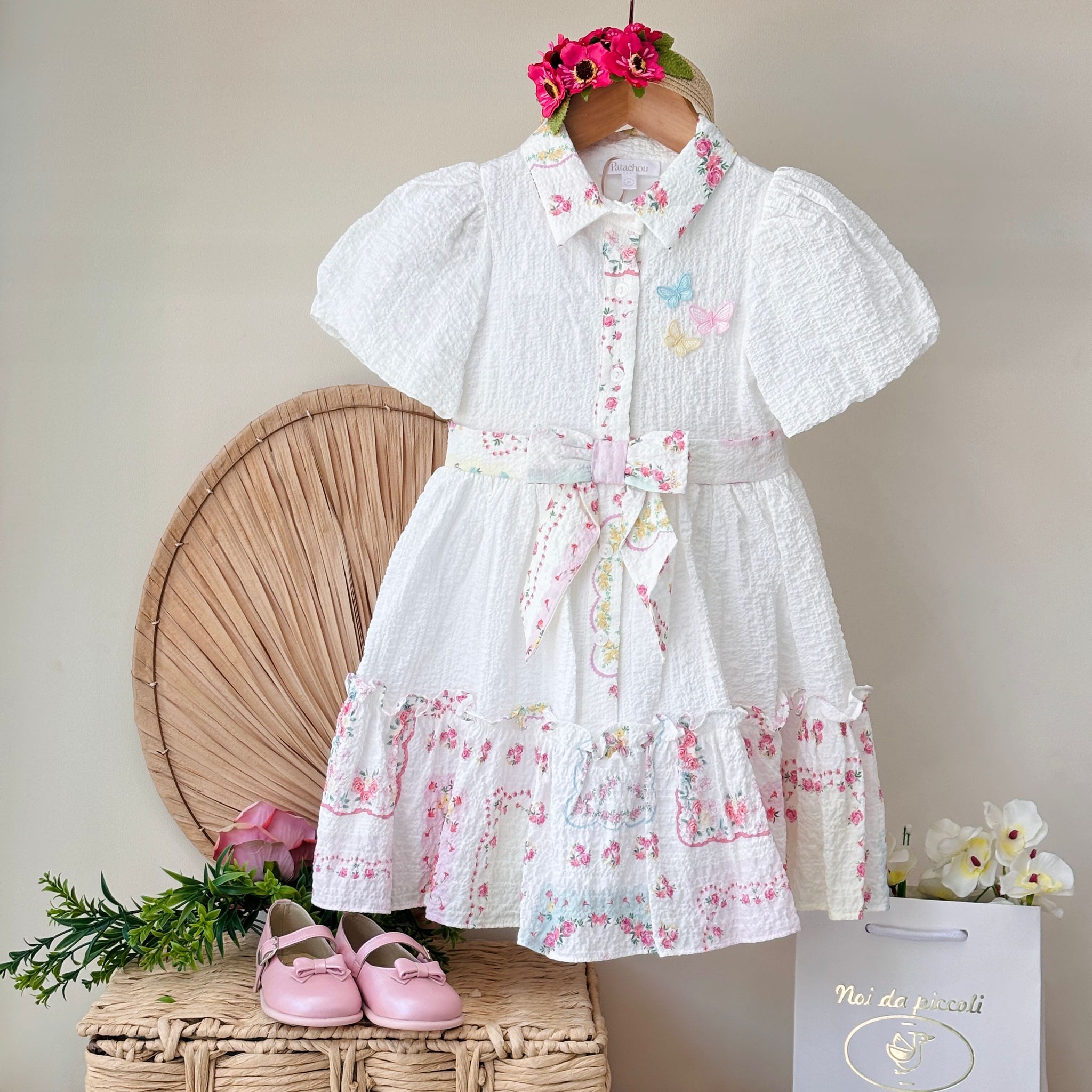 ABITINO BIANCO CON FIORELLINI COLORATI E FIOCCHETTO - Noi da piccoli