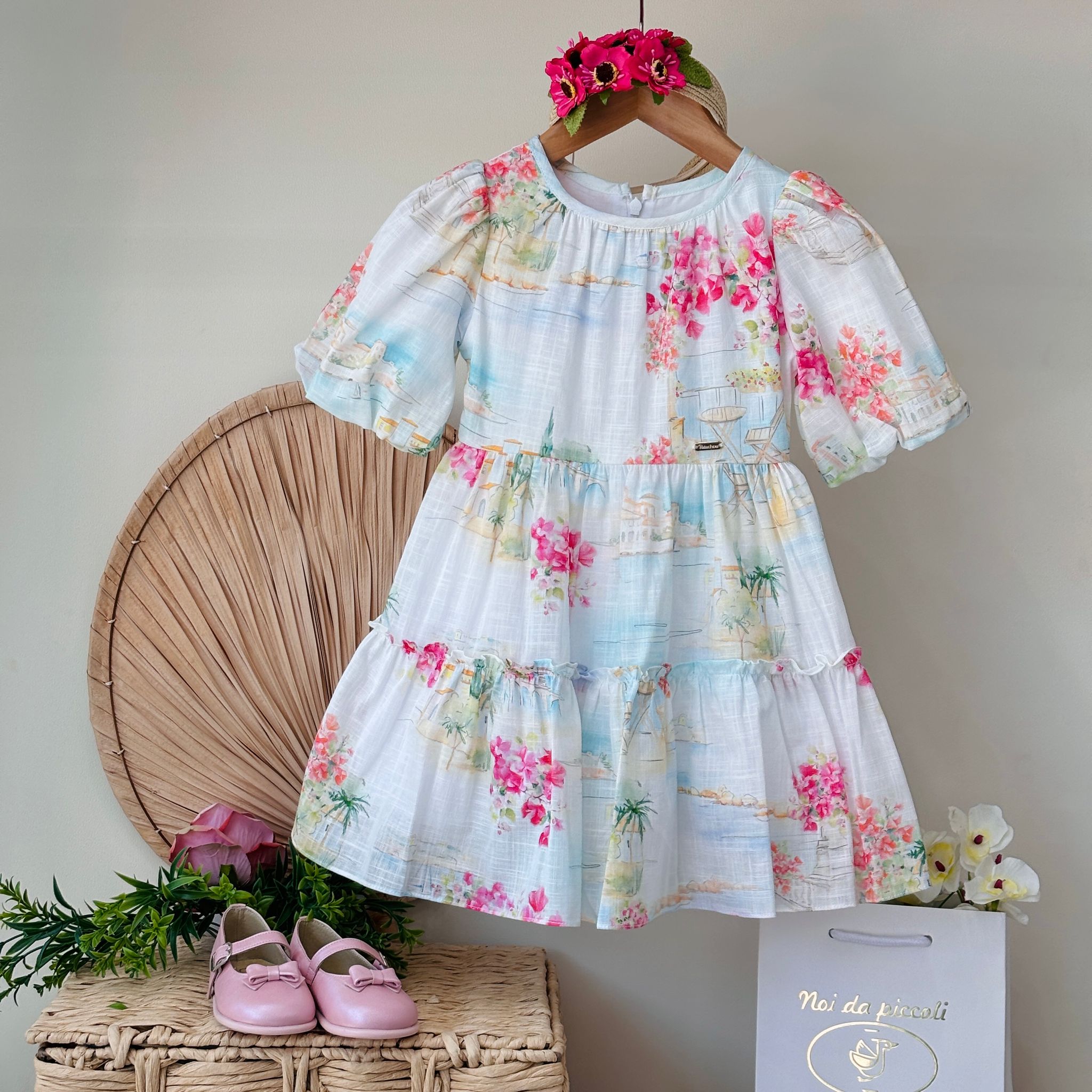 ABITINO BIANCO CON SFUMATURE DI DISEGNI E FIORELLINI COLORATI - Noi da piccoli