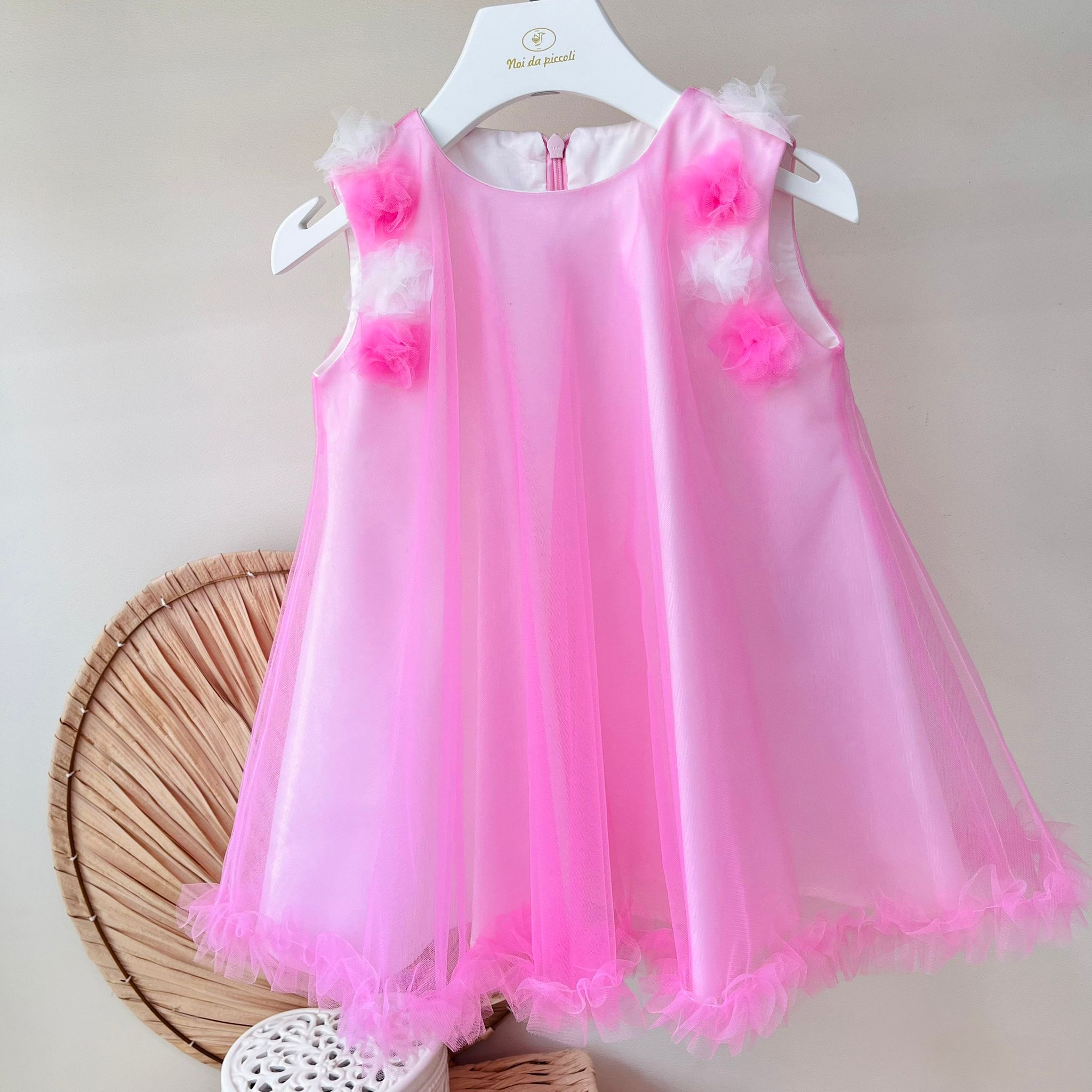 ABITINO CERIMONALE IN TULLE ROSA GIRO MANICA - Noi da piccoli