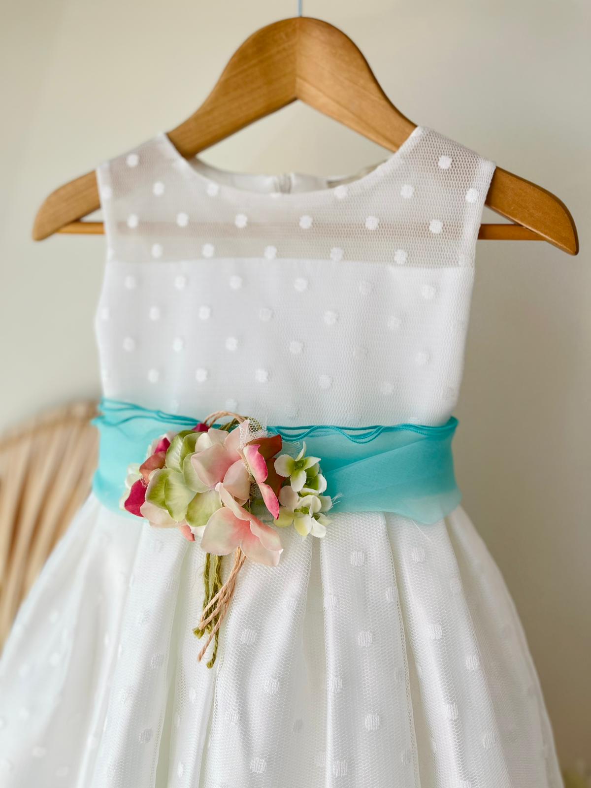 ABITINO CERIMONIALE BIANCO CON FASCIA CENTRALE VERDE CON FIORELLINI - Noi da piccoli