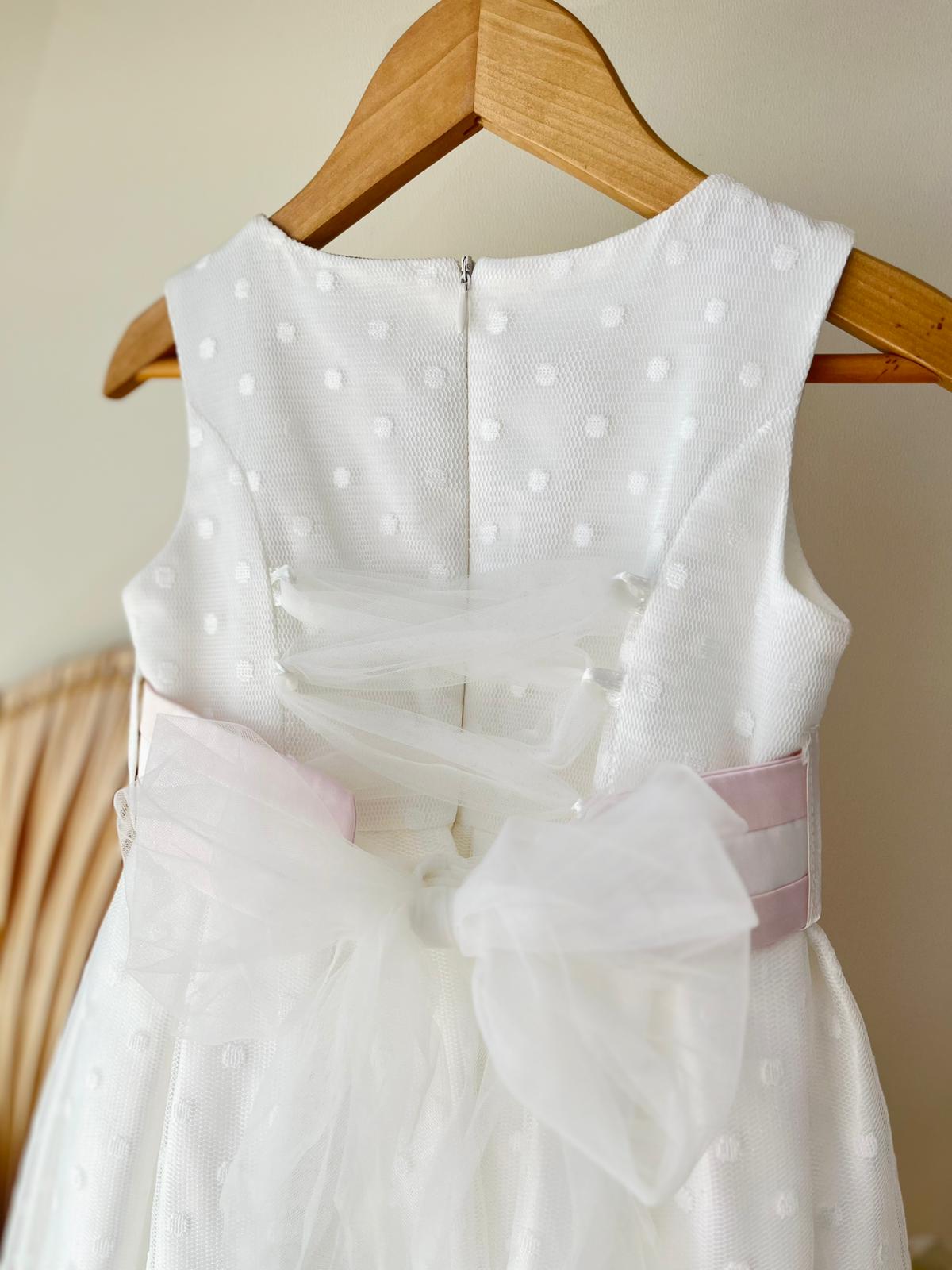 ABITINO CERIMONIALE BIANCO CON POIS E FIOCCHETTO ROSA - Noi da piccoli