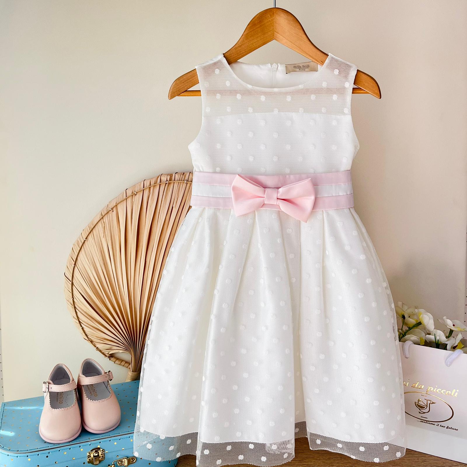 ABITINO CERIMONIALE BIANCO CON POIS E FIOCCHETTO ROSA - Noi da piccoli