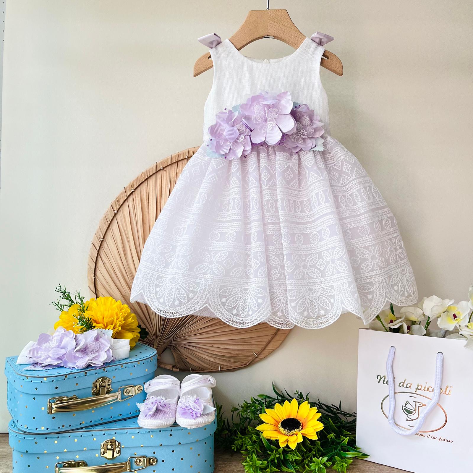 ABITINO CERIMONIALE BIANCO E LILLA CON SPOLVERINO IN TULLE - Noi da piccoli