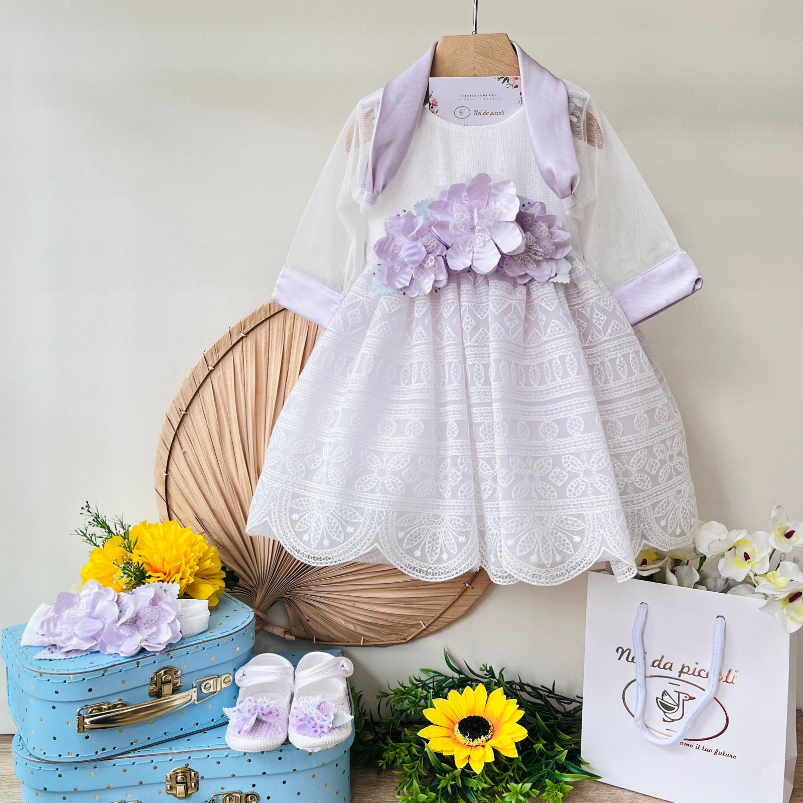 ABITINO CERIMONIALE BIANCO E LILLA CON SPOLVERINO IN TULLE - Noi da piccoli