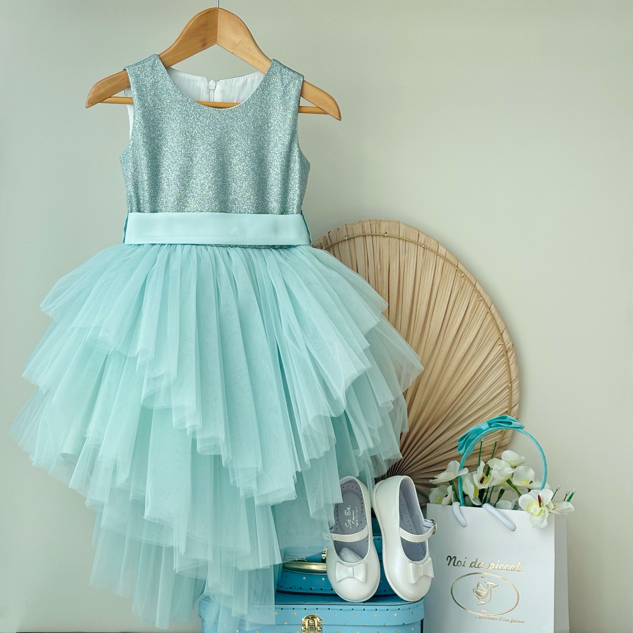ABITINO CERIMONIALE GLITTER E VERDE ACQUA TULLE - Noi da piccoli