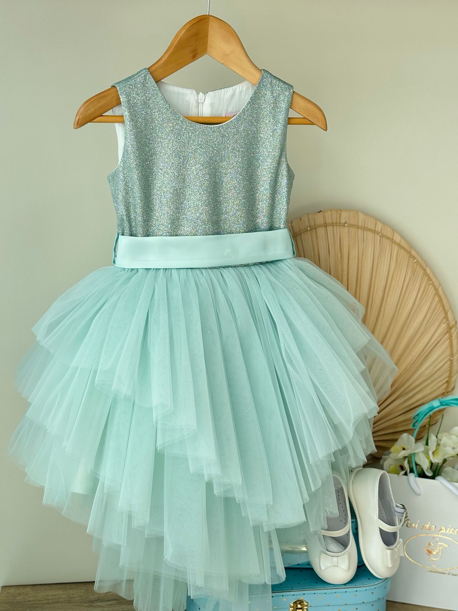 ABITINO CERIMONIALE GLITTER E VERDE ACQUA TULLE - Noi da piccoli