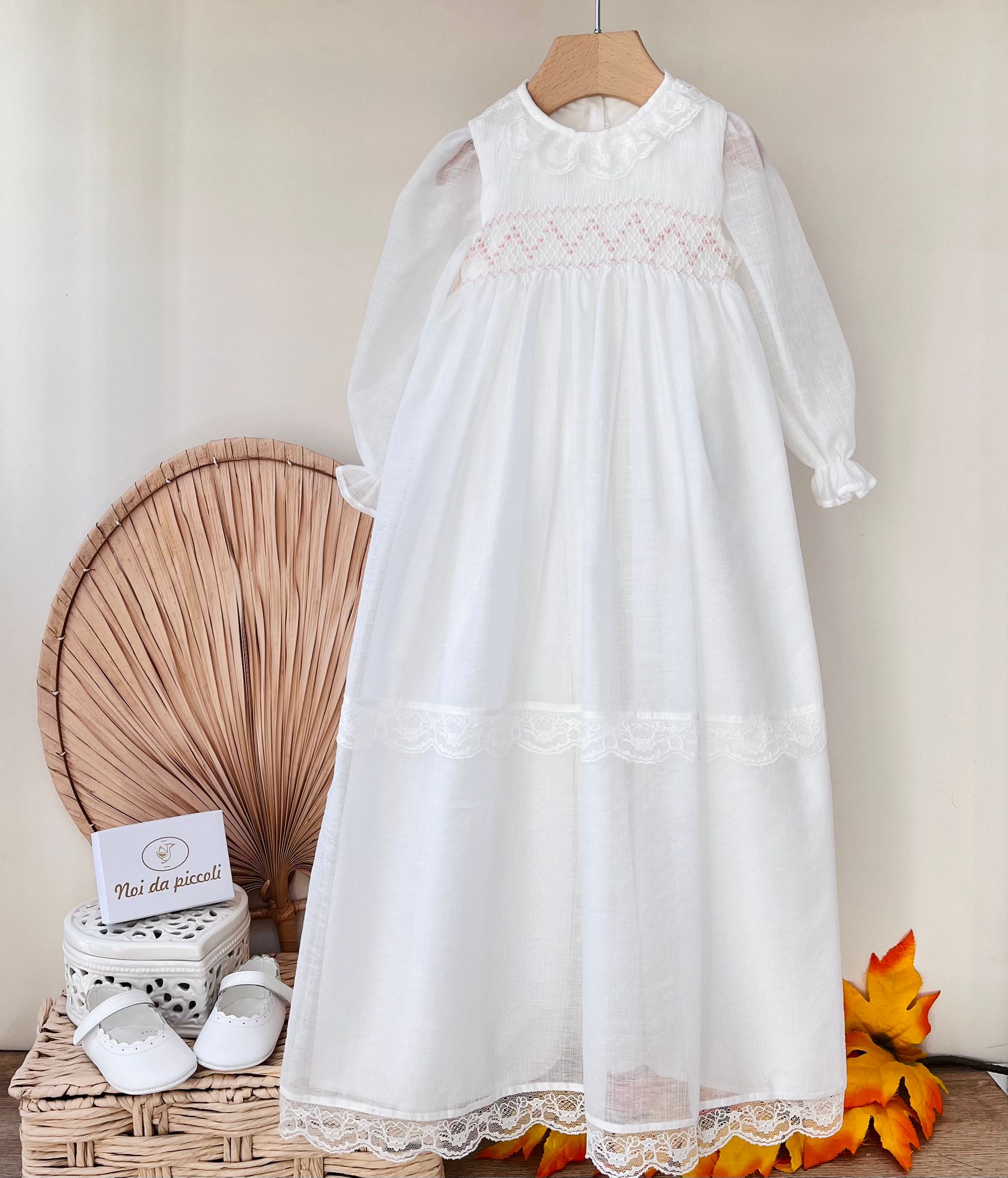 ABITINO CERIMONIALE LUNGO PUNTO SMOCK BIANCO ROSA - Noi da piccoli