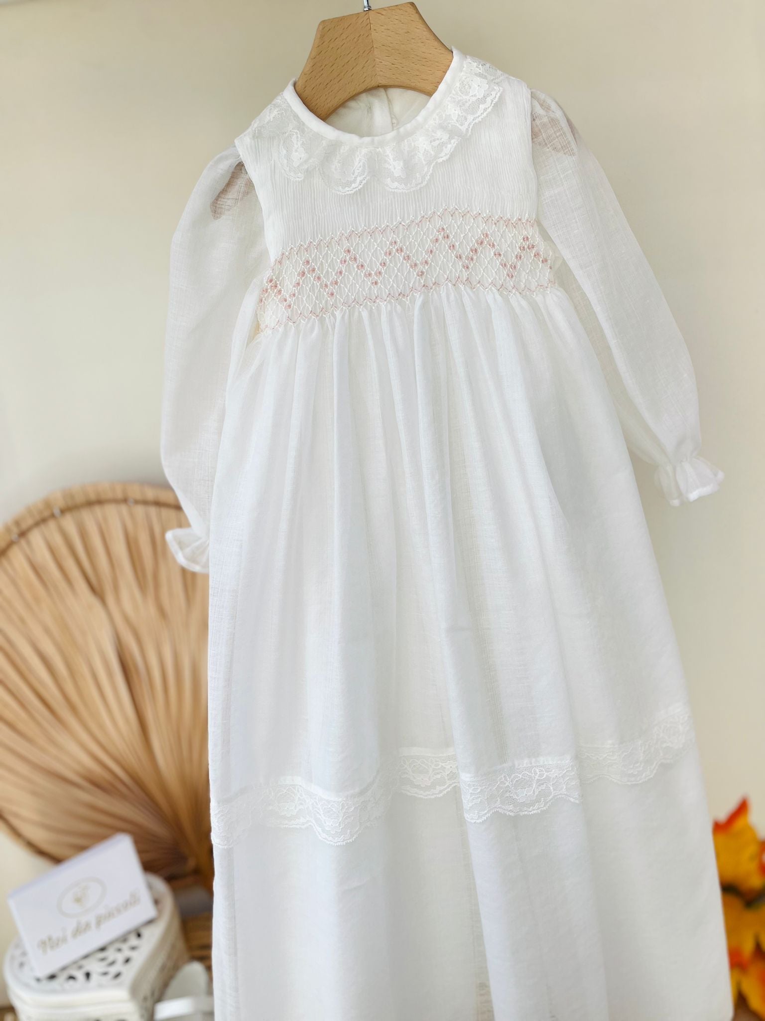ABITINO CERIMONIALE LUNGO PUNTO SMOCK BIANCO ROSA - Noi da piccoli