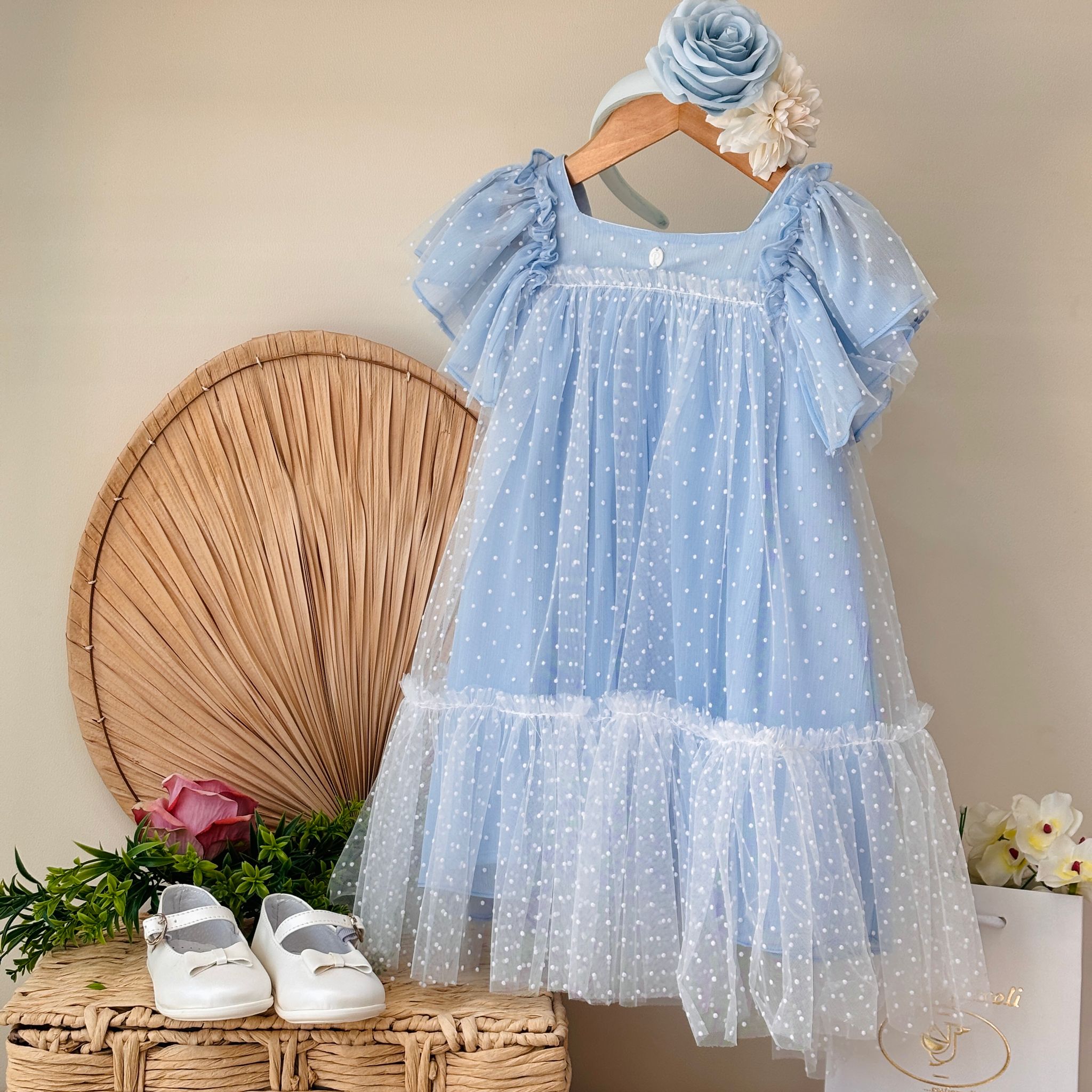 ABITINO CIELO CON TULLE E POIS BIANCHI - Noi da piccoli