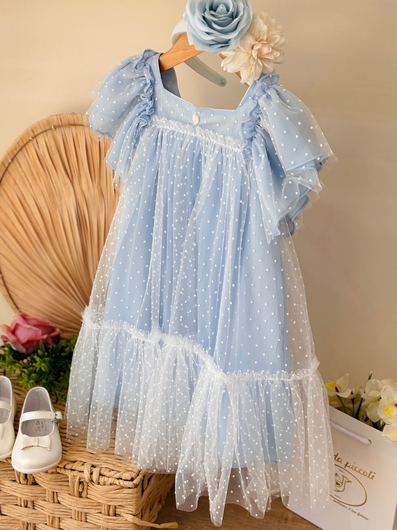 ABITINO CIELO CON TULLE E POIS BIANCHI - Noi da piccoli