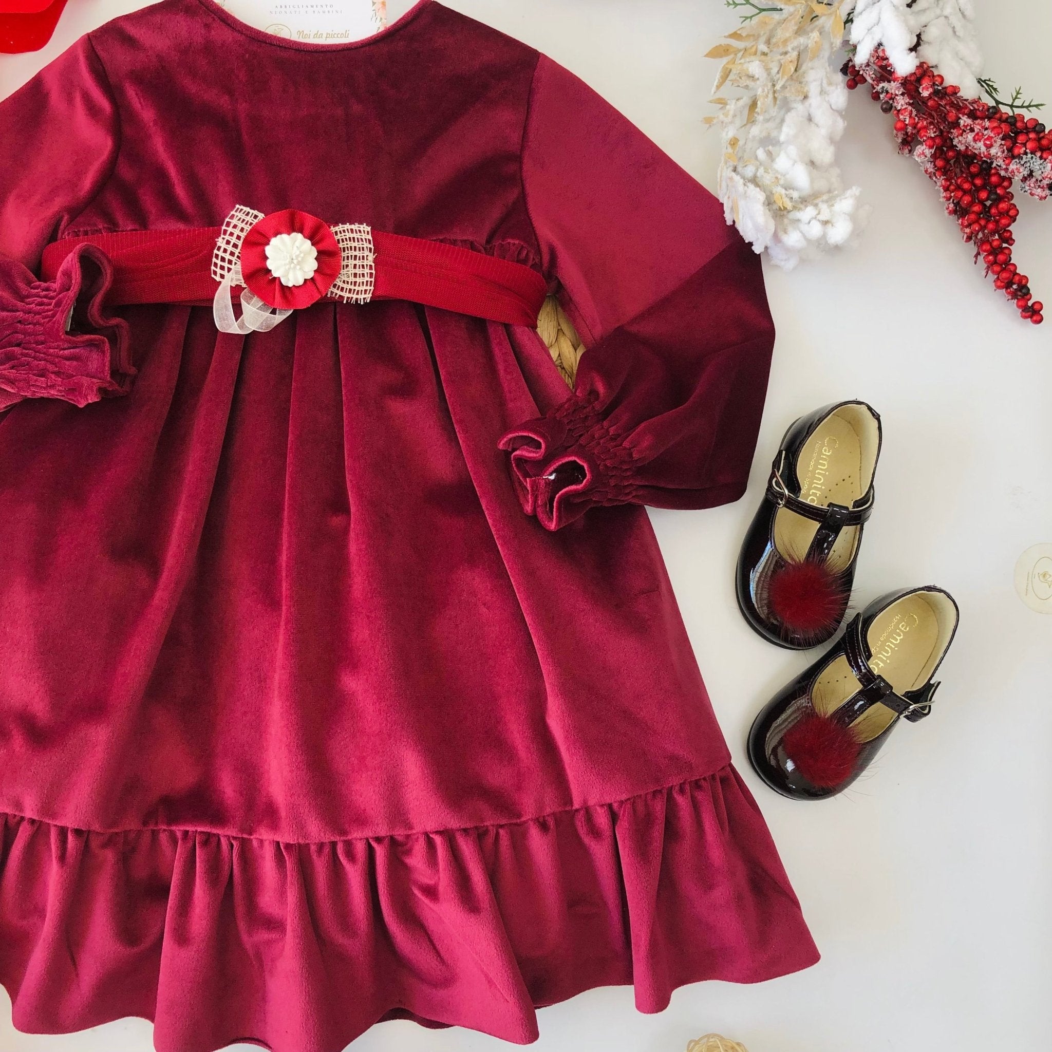 ABITINO VINACCIA VELLUTO CON FASCIA TULLE BORDEAUX - Noi da piccoli