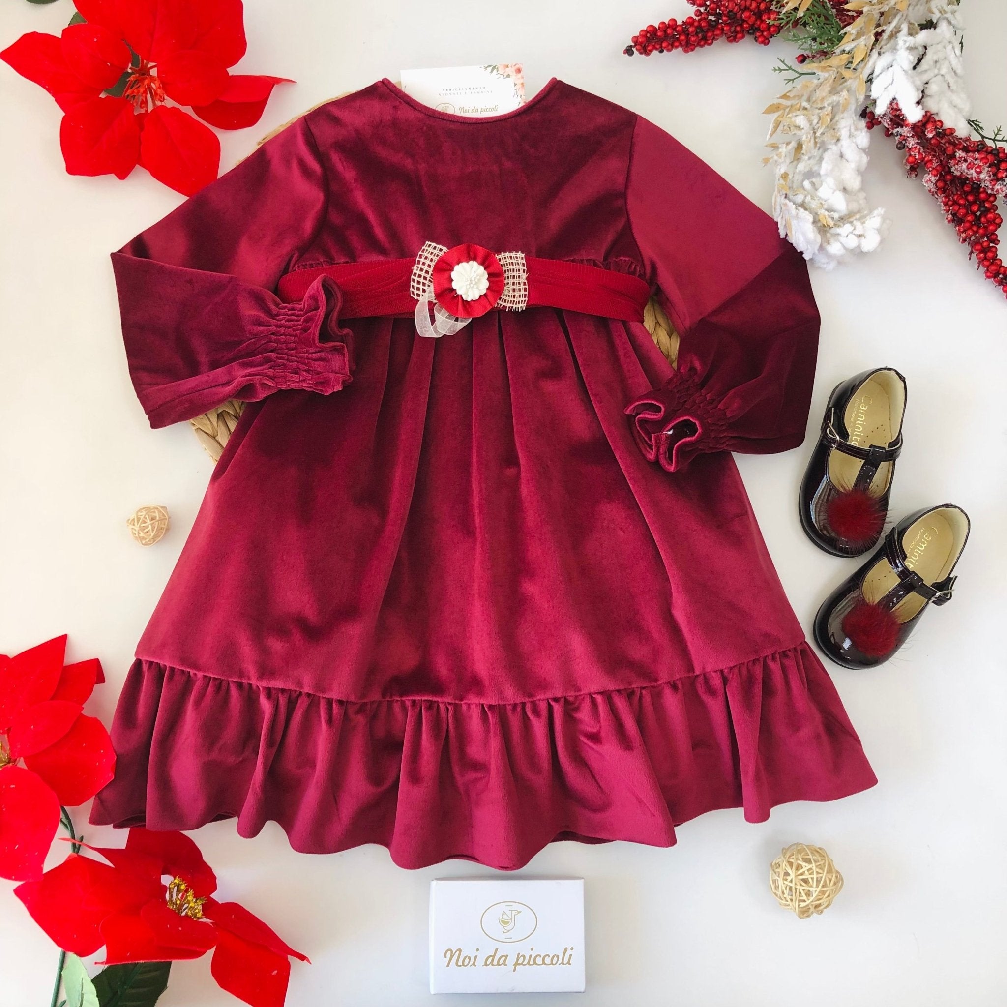 ABITINO VINACCIA VELLUTO CON FASCIA TULLE BORDEAUX - Noi da piccoli