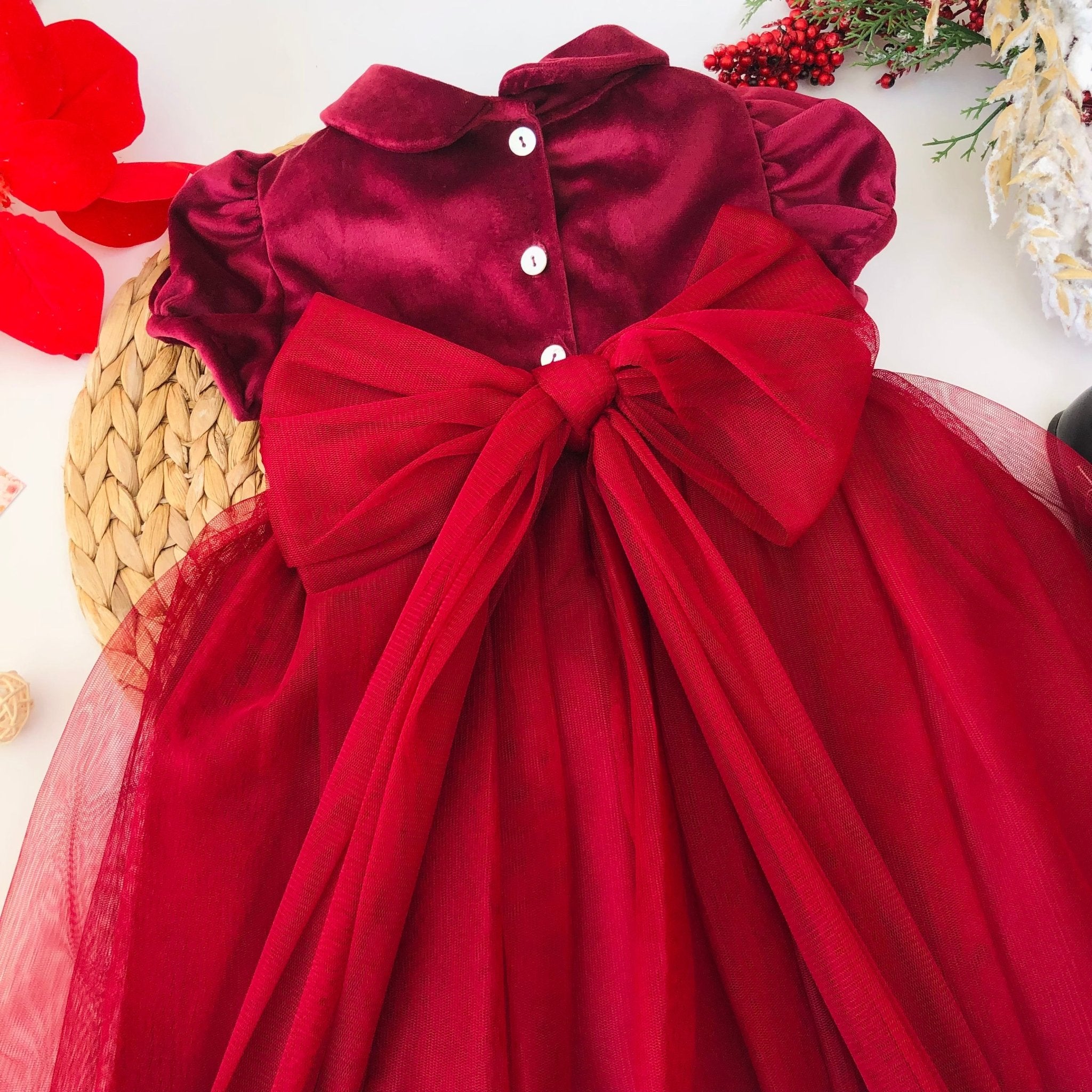 ABITINO VINACCIA VELLUTO E BORDEAUX TULLE CON FIORE - Noi da piccoli