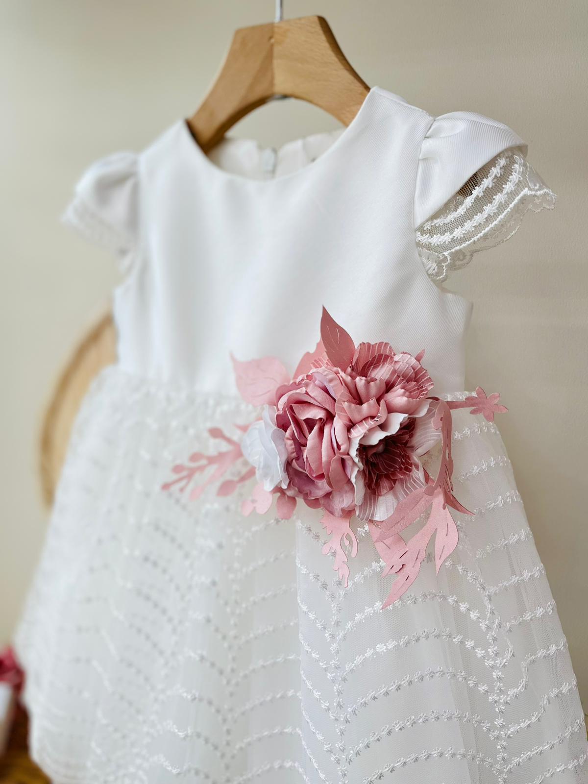 ABITO CERIMONIALE BIANCO CON TULLE E FIORELLINI ROSA - Noi da piccoli
