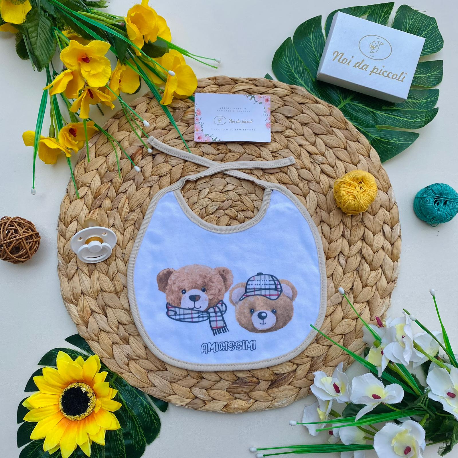 BAVETTA 100 % COTONE BIANCO E BEIGE CON DUE ORSETTI - Noi da piccoli