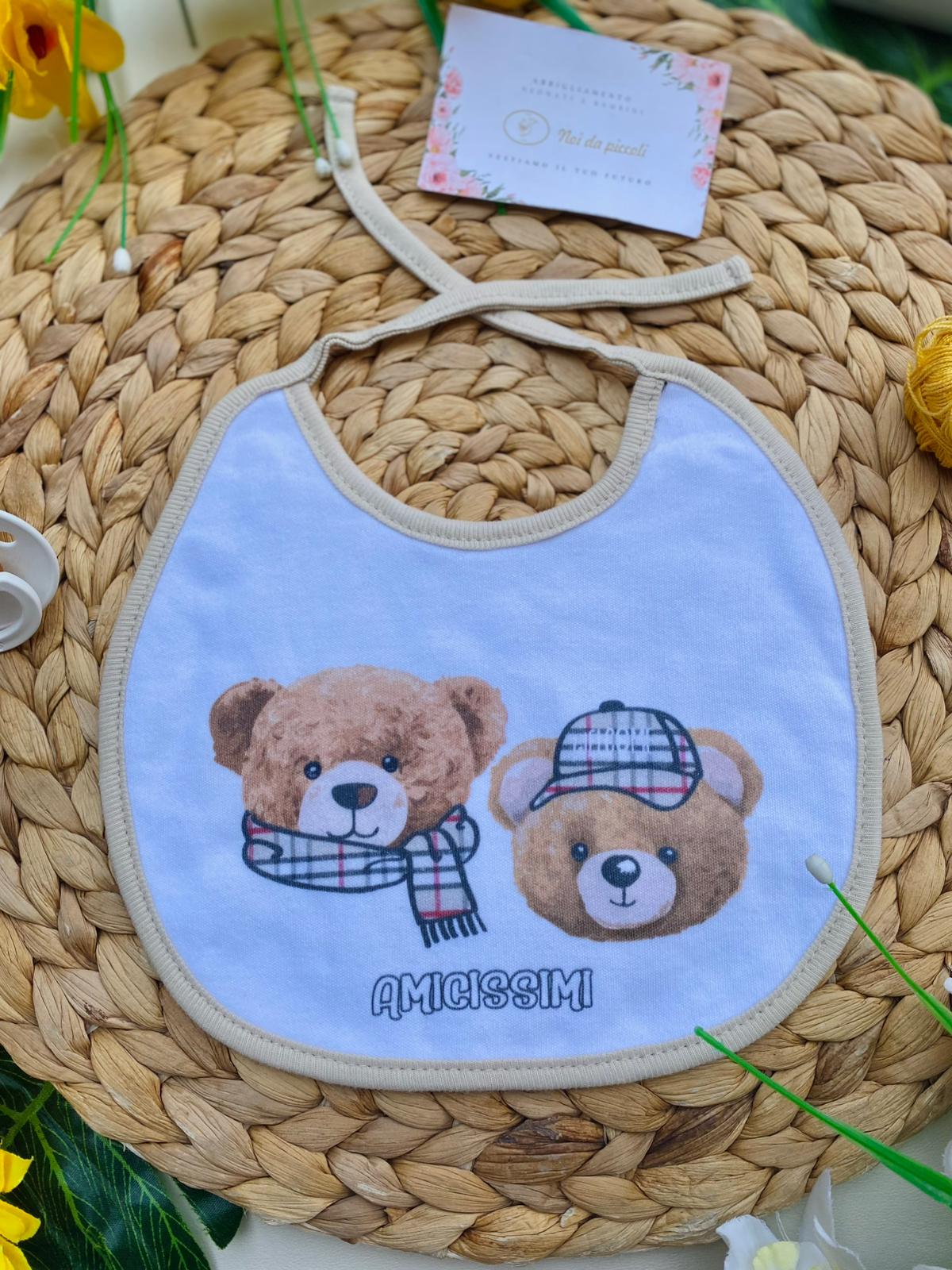 BAVETTA 100 % COTONE BIANCO E BEIGE CON DUE ORSETTI - Noi da piccoli