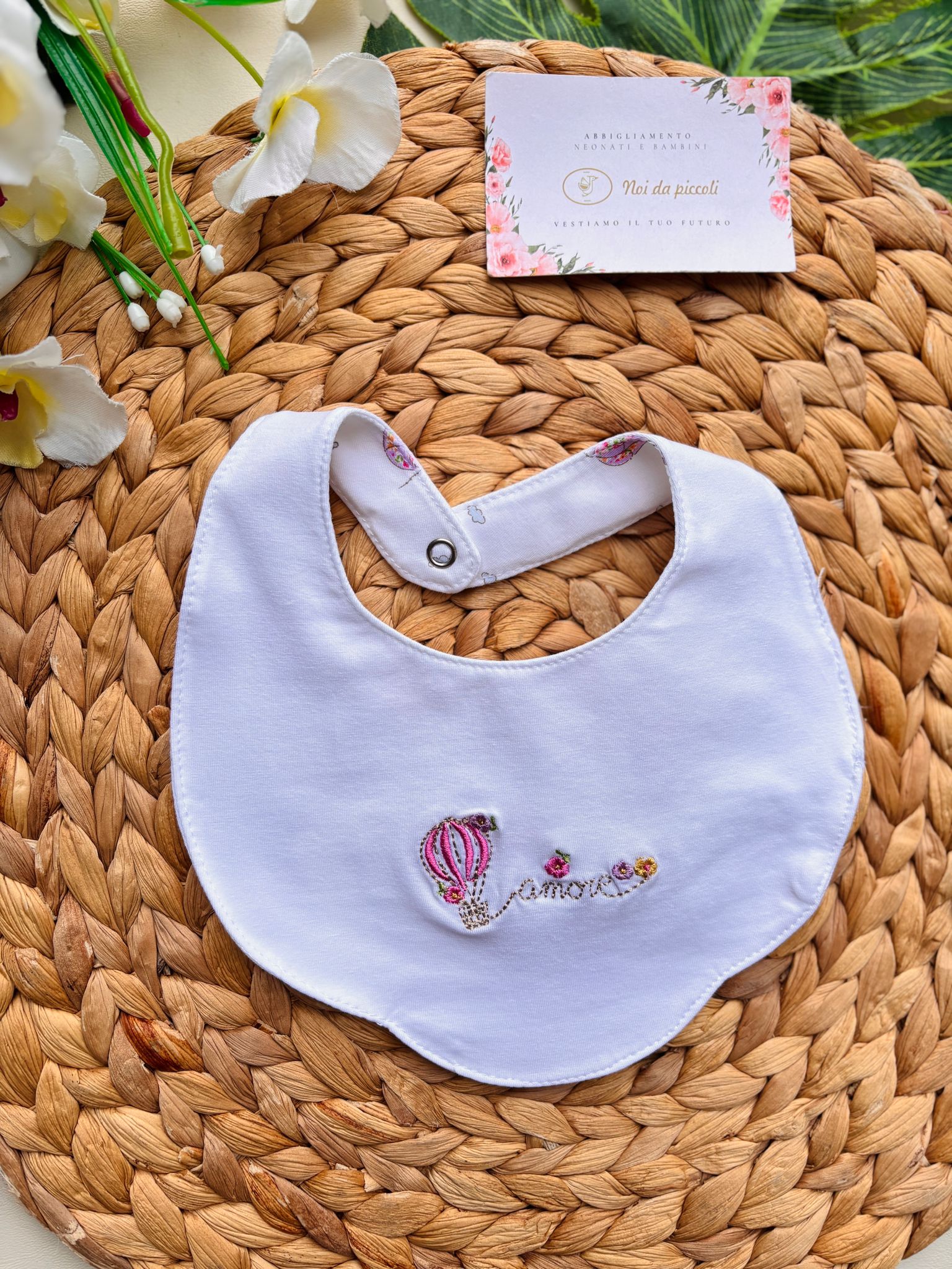 BAVETTA AMORE COTONE BIANCO ROSA - Noi da piccoli