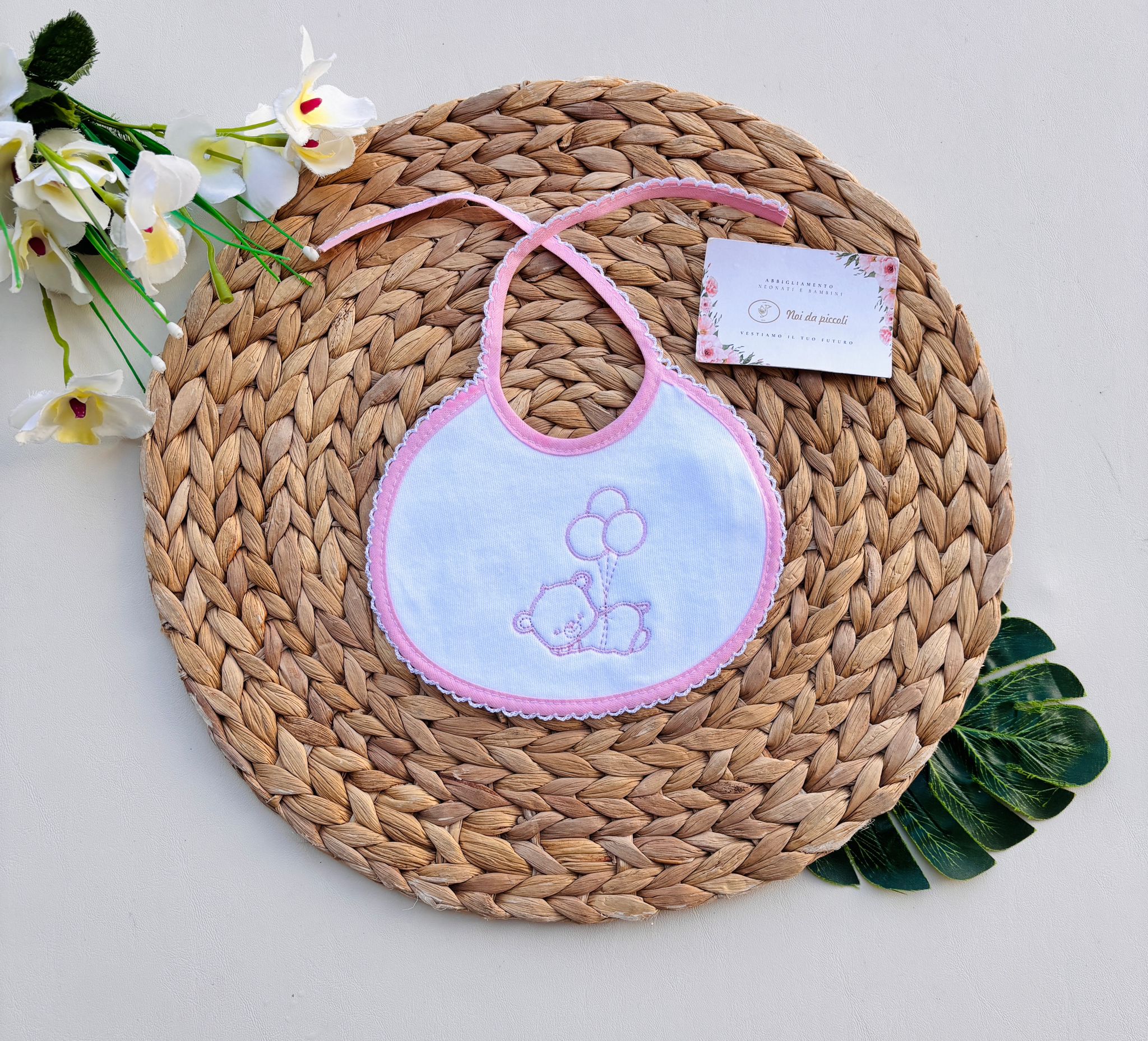 BAVETTA IN COTONE ORSETTO BIANCO ROSA - Noi da piccoli