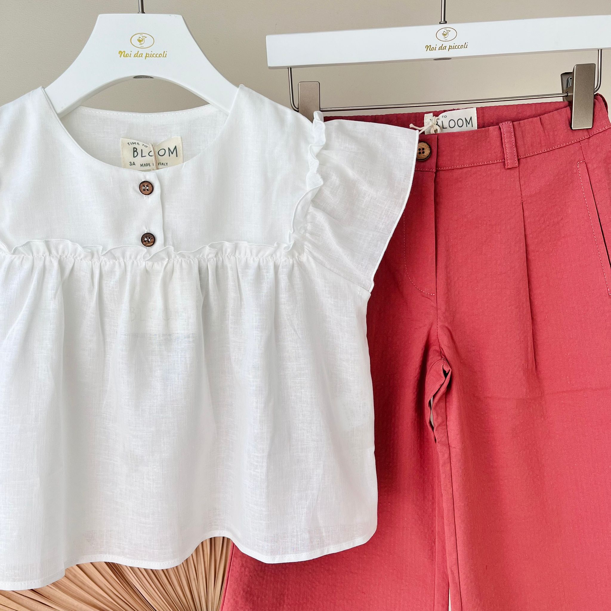 BLUSA CON PANTALONE LINO E COTONE BIANCO ROSSO - Noi da piccoli