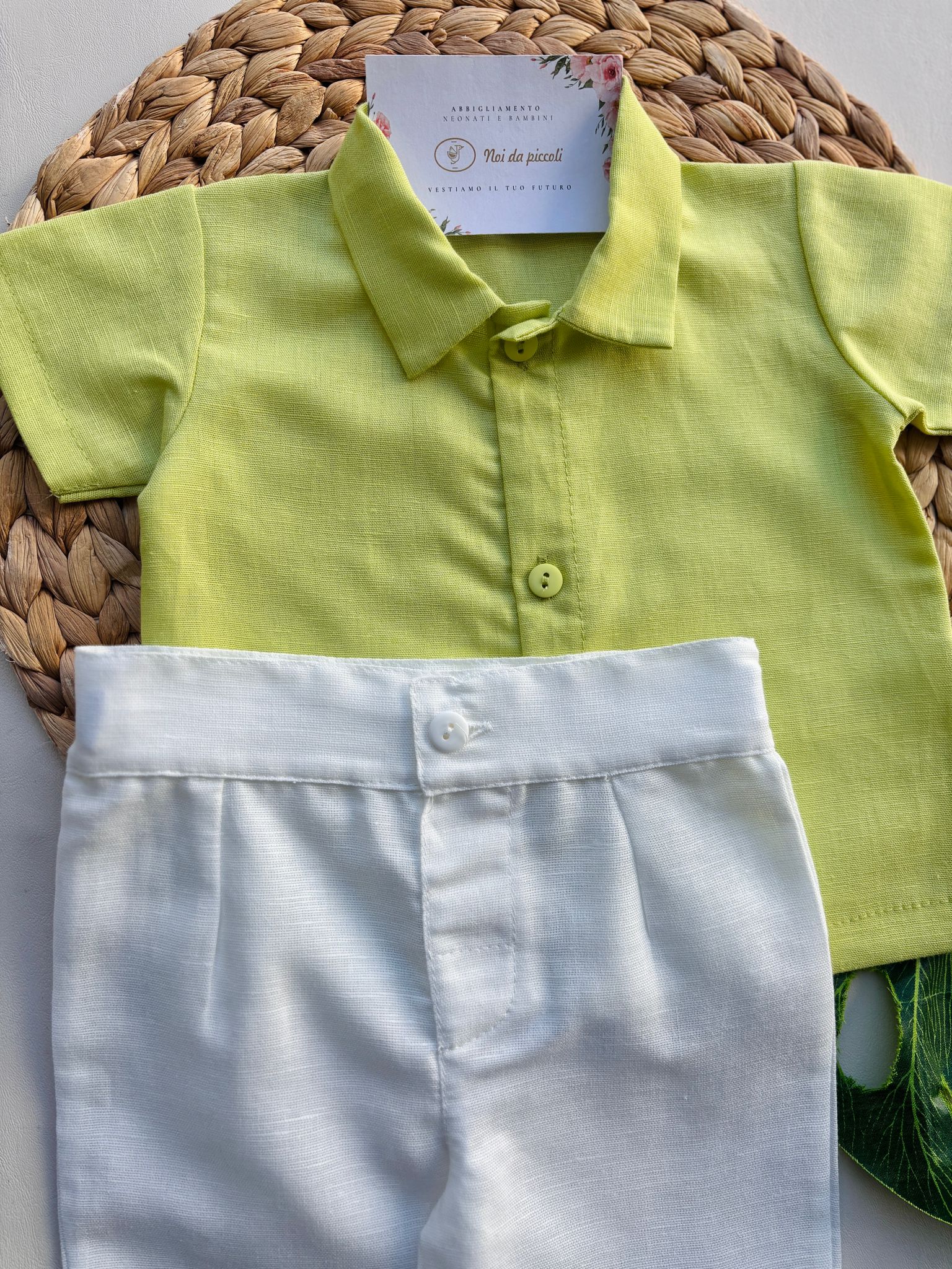 CAMICIA CON PANTALONCINO IN COTONE E LINO BIANCO E LIMA - Noi da piccoli