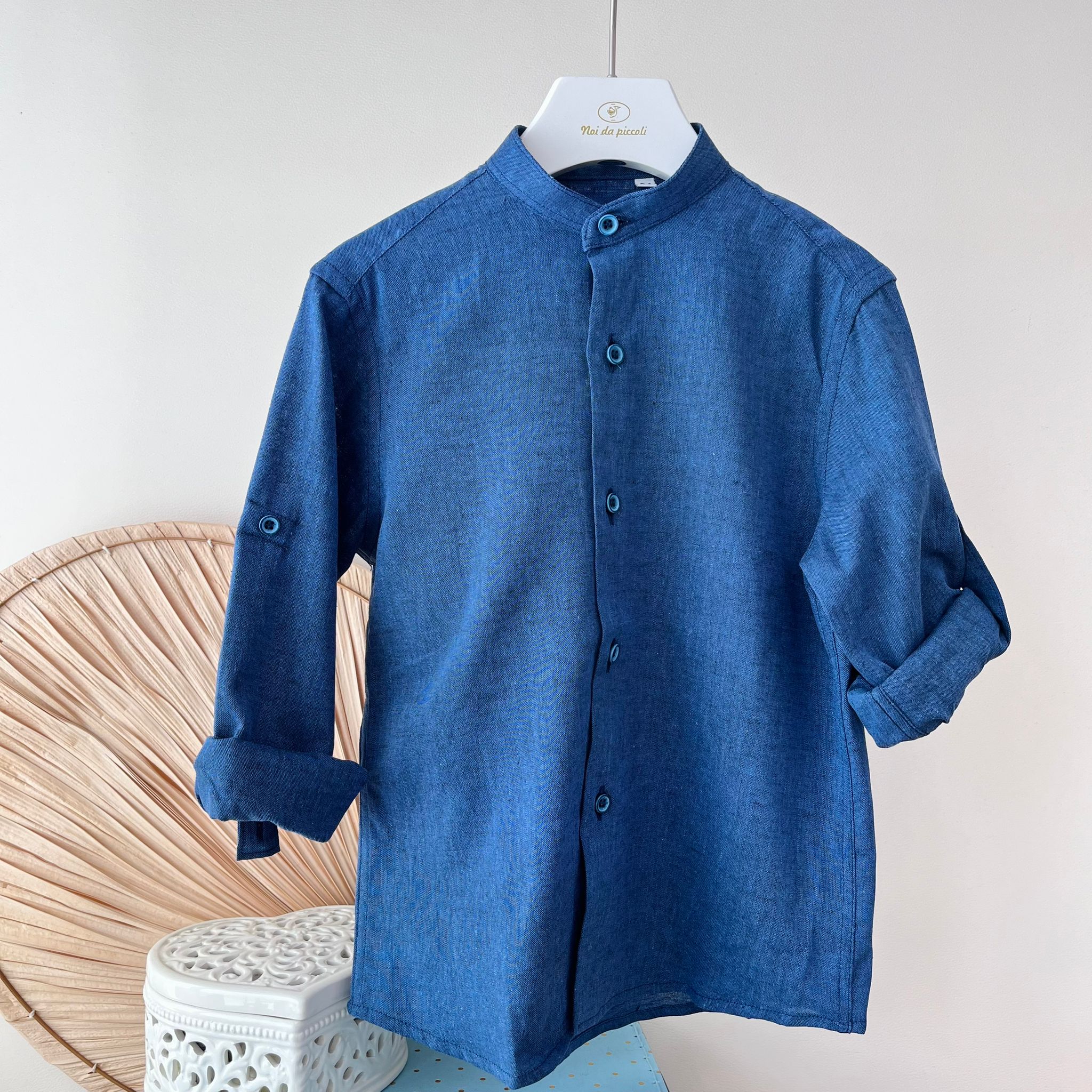 CAMICIA IN COTONE E LINO BLU - Noi da piccoli