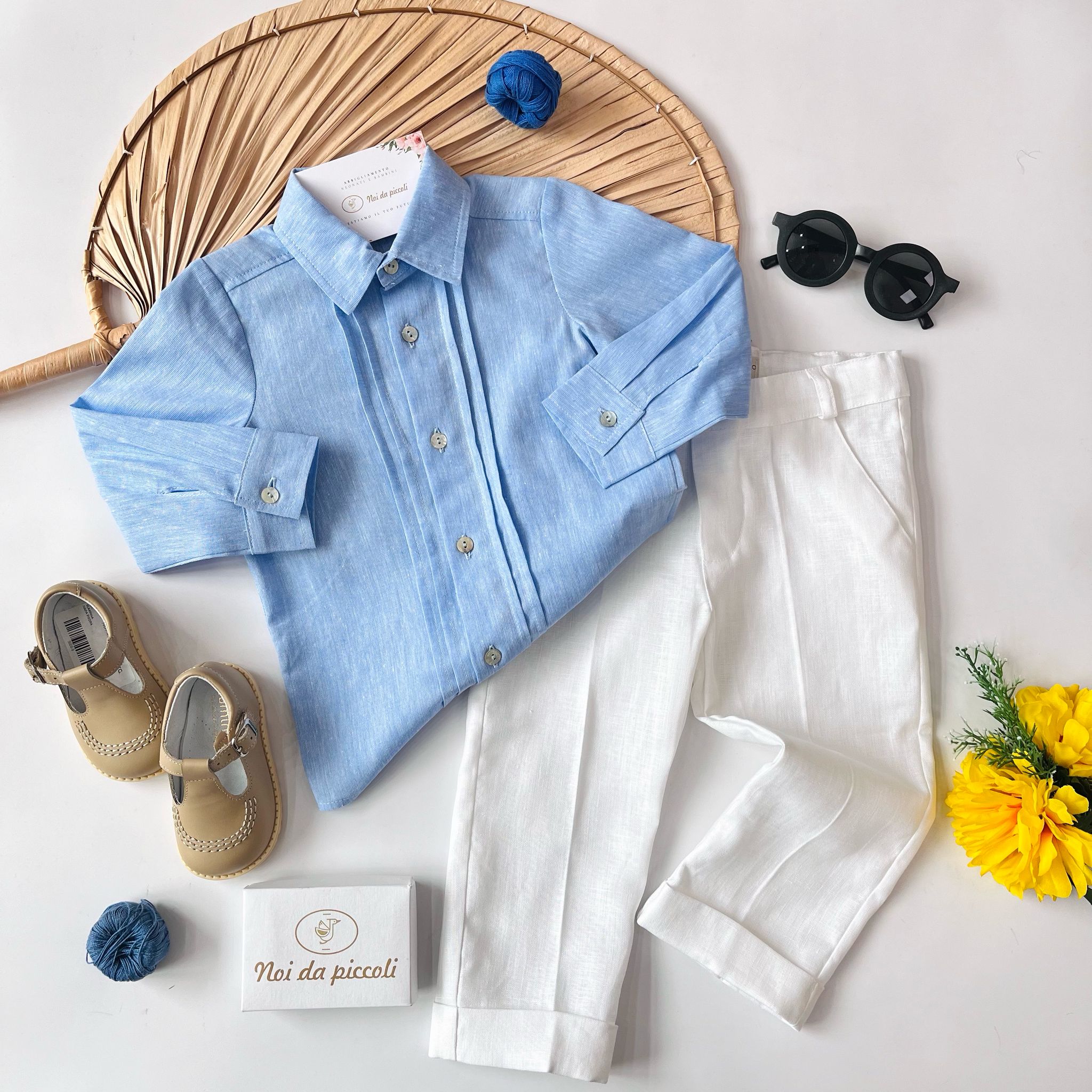 CAMICINA CIELO CON PANTALONE BIANCO LUNGO - Noi da piccoli