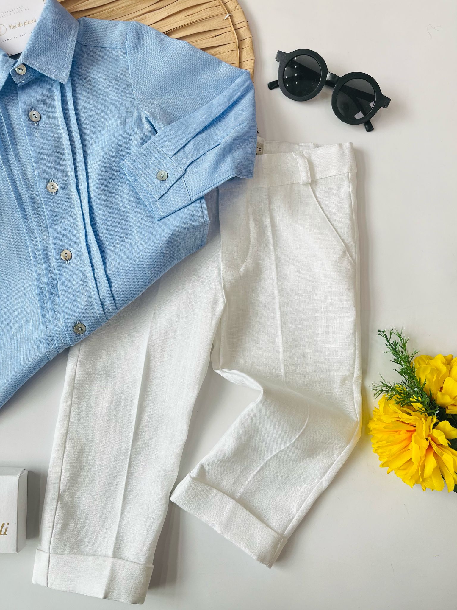 CAMICINA CIELO CON PANTALONE BIANCO LUNGO - Noi da piccoli