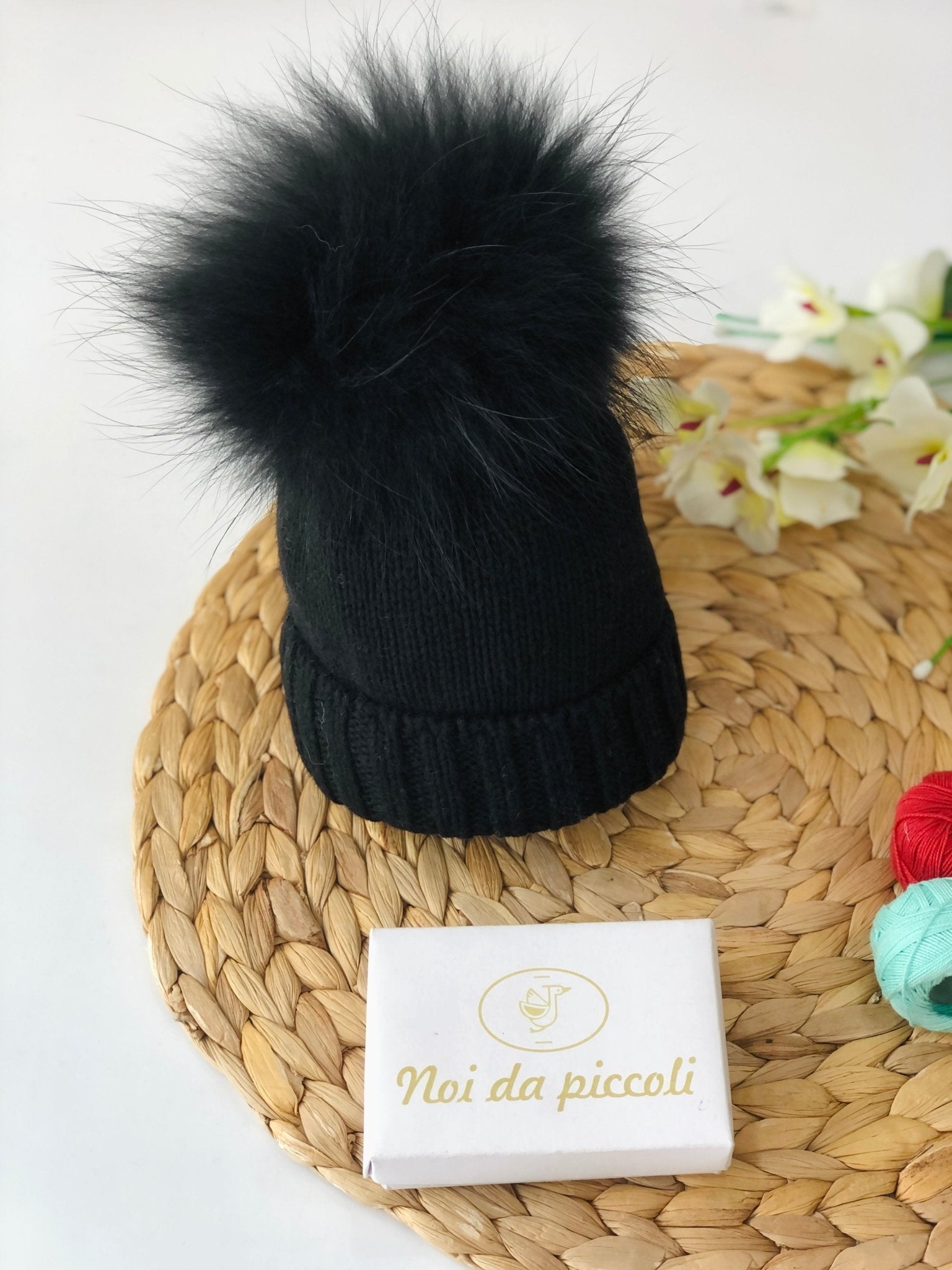 CAPPELLINO LANA E CASHEMIRE PON POM VOLPE Nero - Noi da piccoli