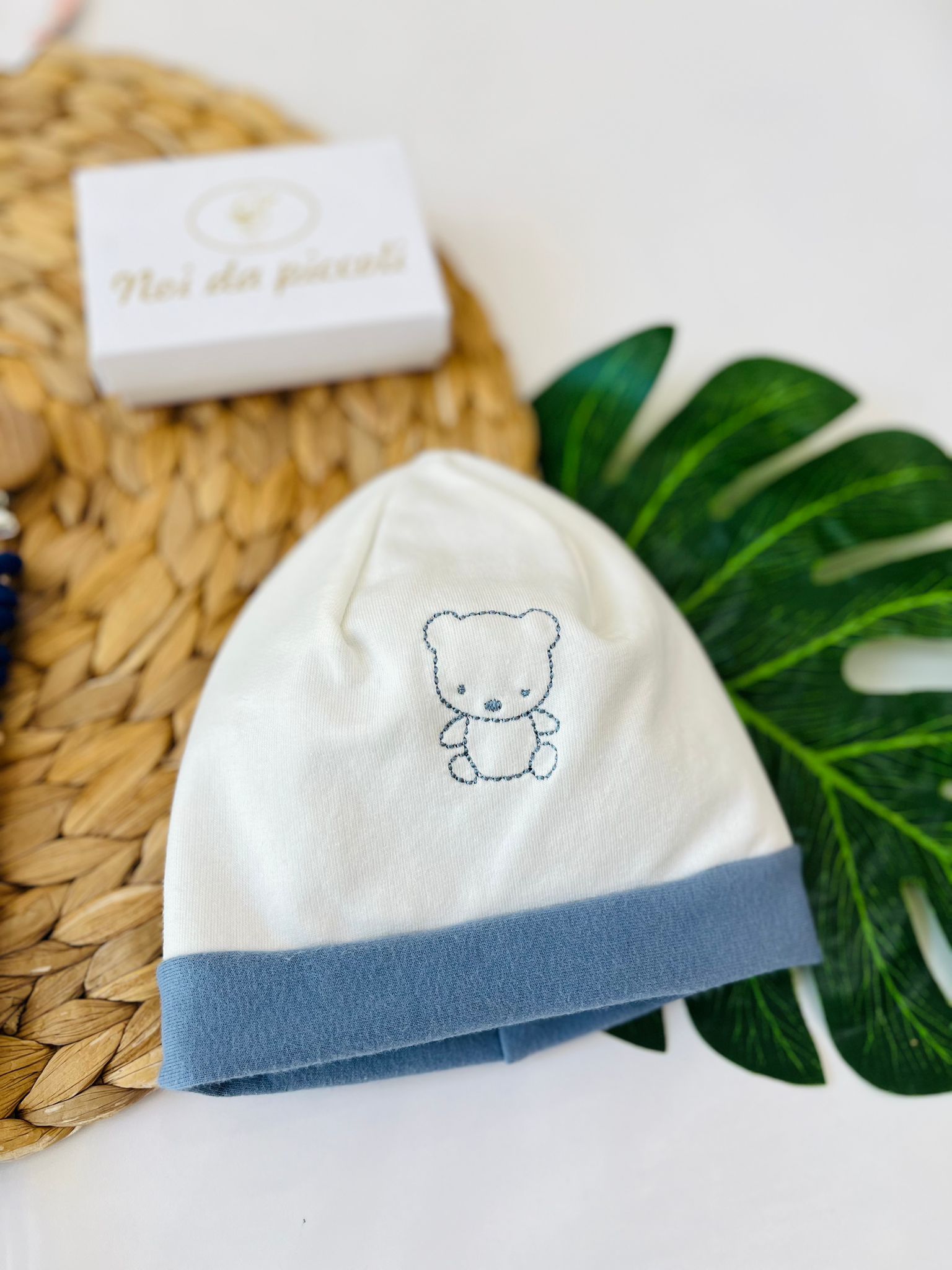 CAPPELLINO ORSETTO SAGOMATO COTONE CALDO PANNA E AVION - Noi da piccoli