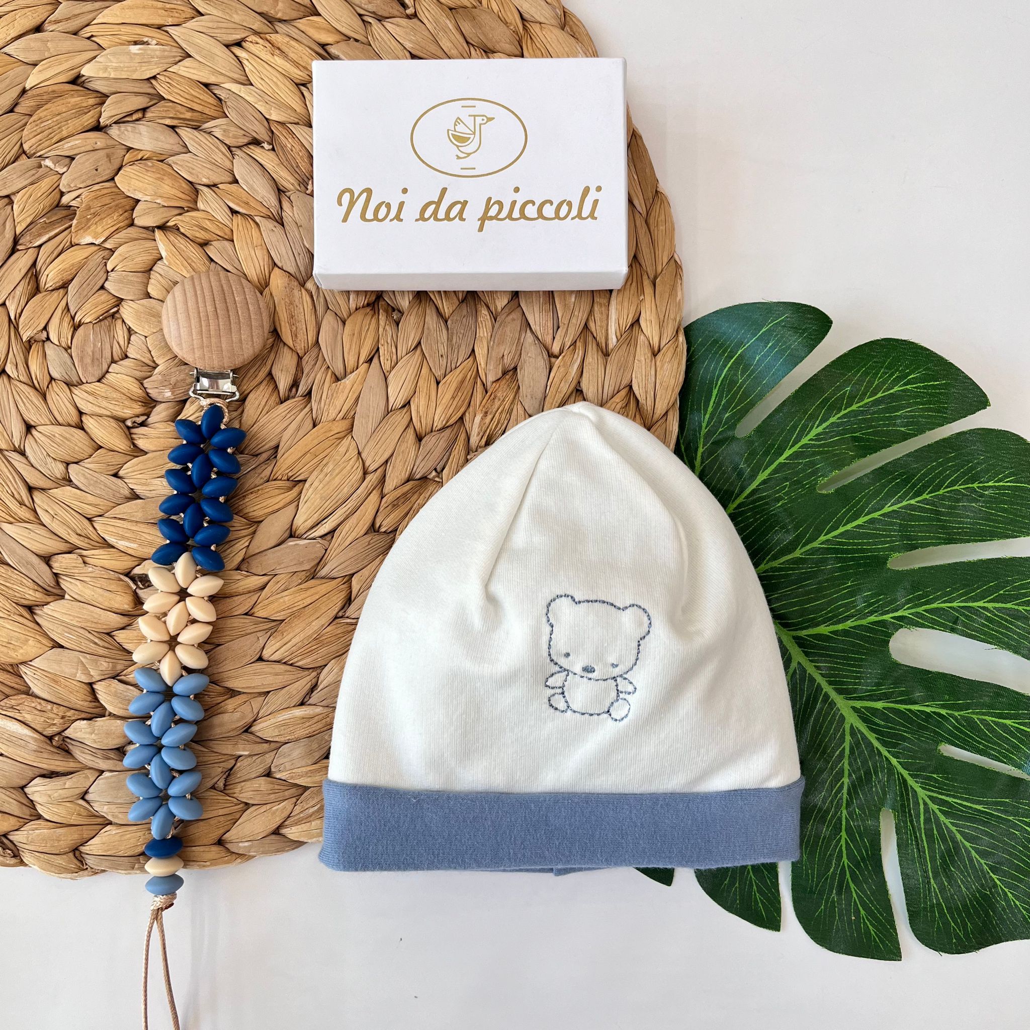 CAPPELLINO ORSETTO SAGOMATO COTONE CALDO PANNA E AVION - Noi da piccoli