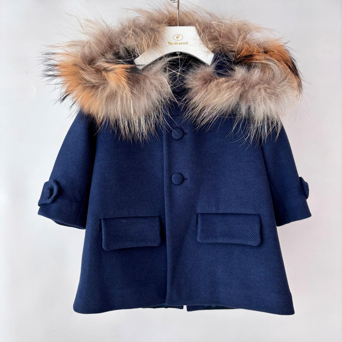 CAPPOTTO in Panno con Cappuccio in Pelliccia BLU - Noi da piccoli