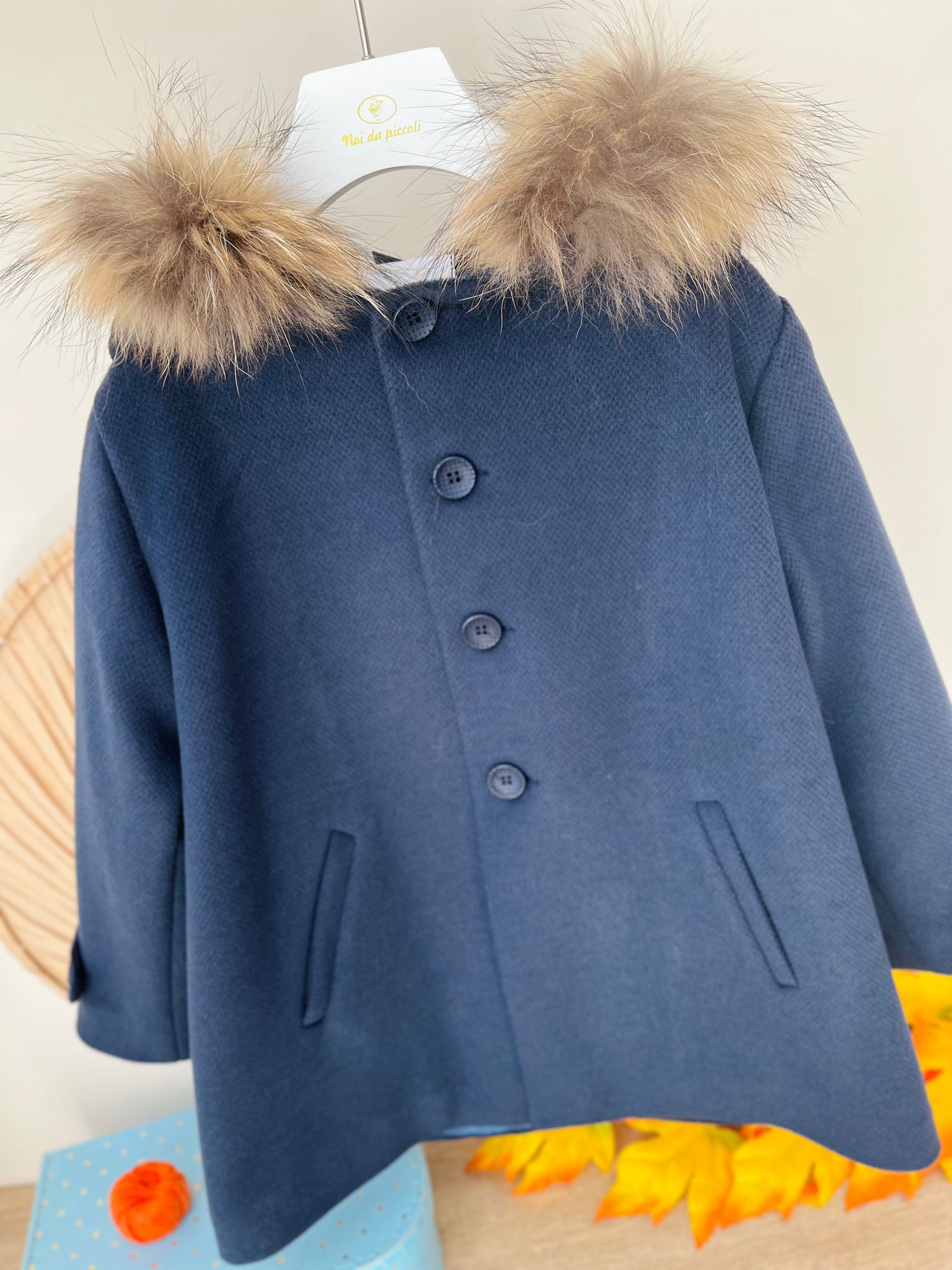 CAPPOTTO IN PANNO CON CAPPUCCIO IN PELLICCIA BLU NOTTE - Noi da piccoli