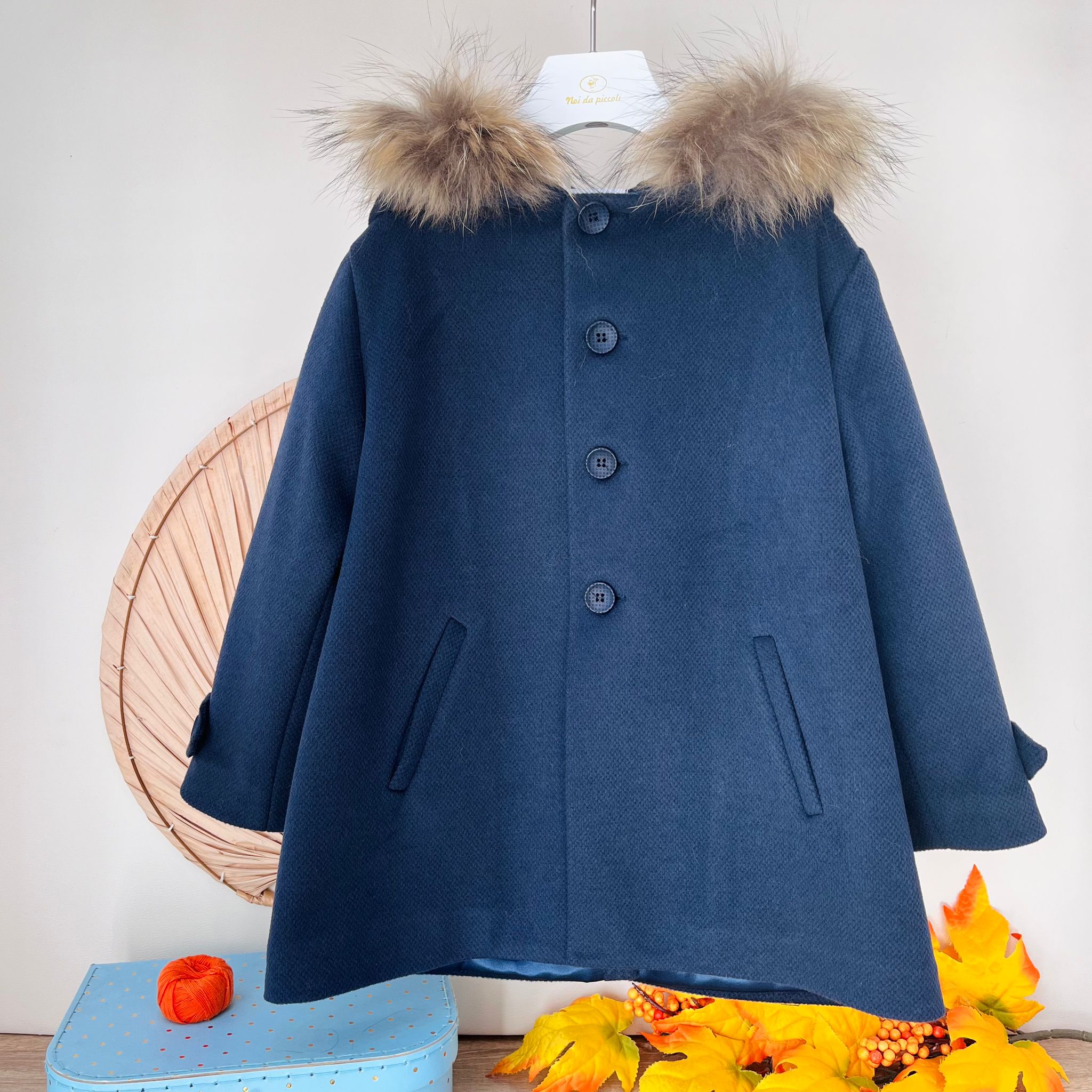 CAPPOTTO IN PANNO CON CAPPUCCIO IN PELLICCIA BLU NOTTE - Noi da piccoli