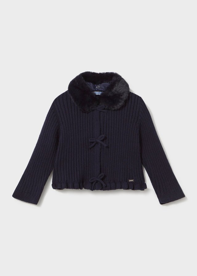 CARDIGAN IN FILATO CALDO MARINO CON COLLETTO IN ECOPELLICCIA - Noi da piccoli