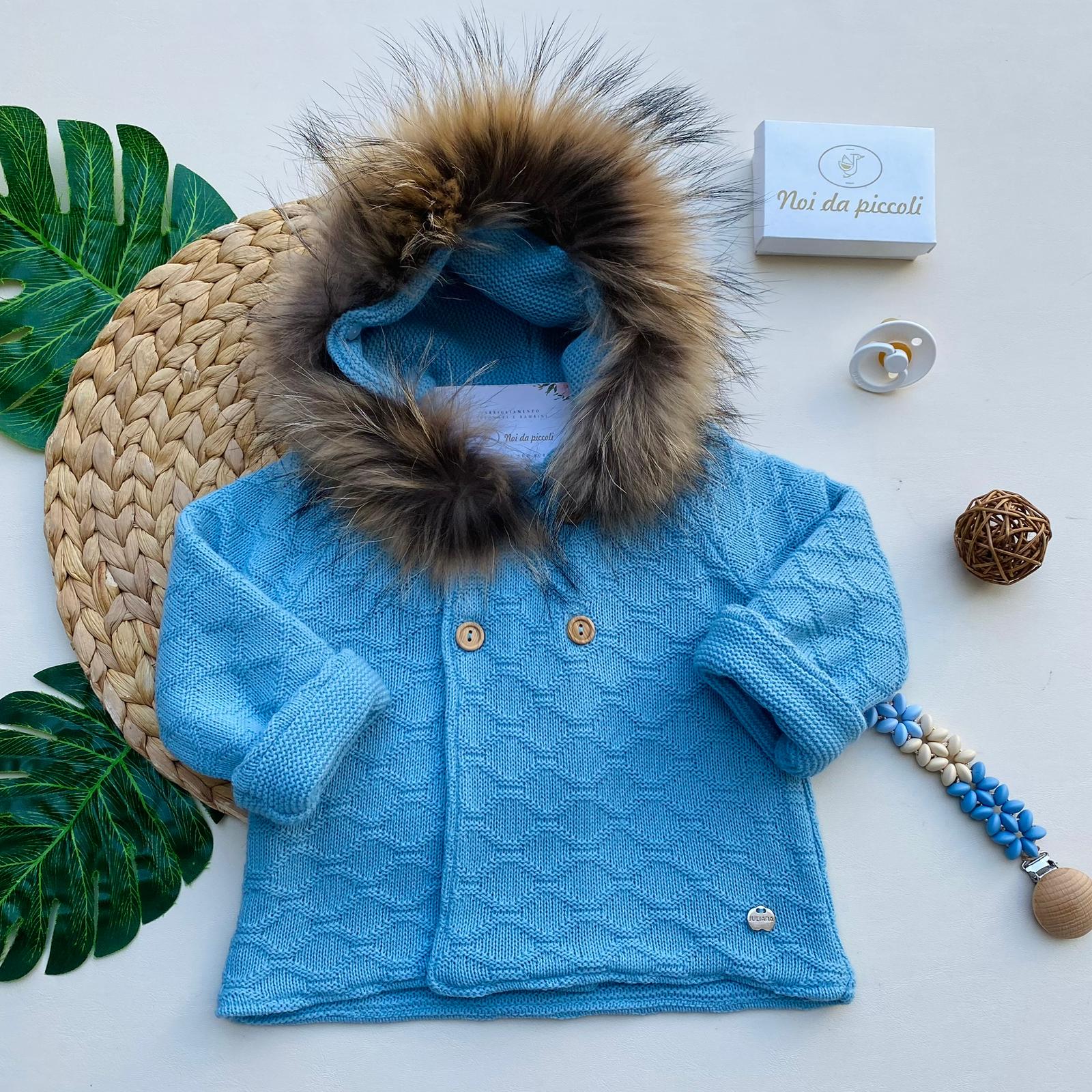 CARDIGAN LUNGO IN FILATO CALDO 100% ACRILICO AZUL BEIGE - Noi da piccoli